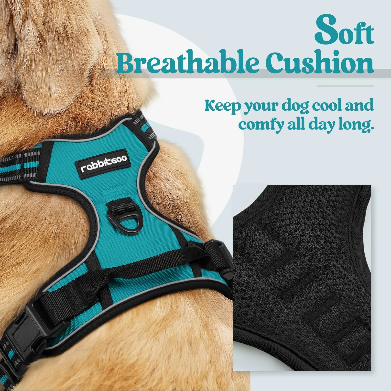 rabbitgoo Pettorina Cane ad H Regolabile Anti Tiro Riflettente, Blu Pavone, XL - immagine 3