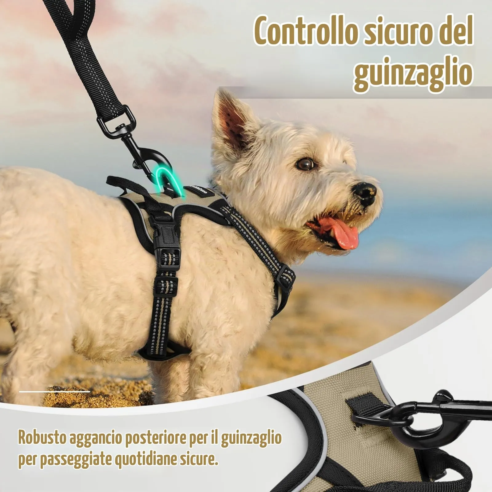 rabbitgoo Pettorina Cane ad H Regolabile, Anti Tiro Riflettente e Traspirante, Cachi, XS - immagine 7