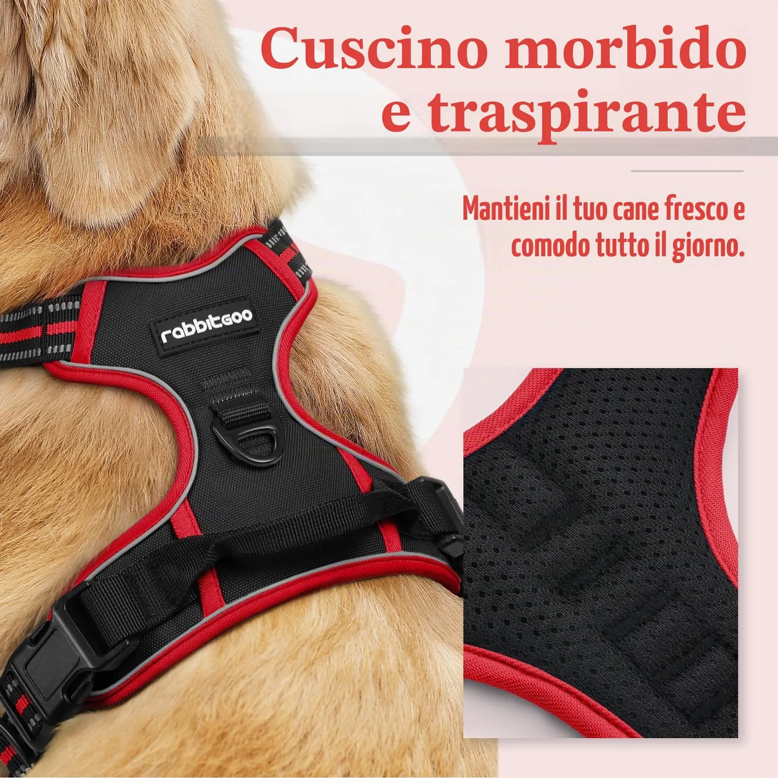rabbitgoo Pettorina Cane ad H Regolabile Anti Tiro Riflettente, Nero + Rosso, XL - immagine 3