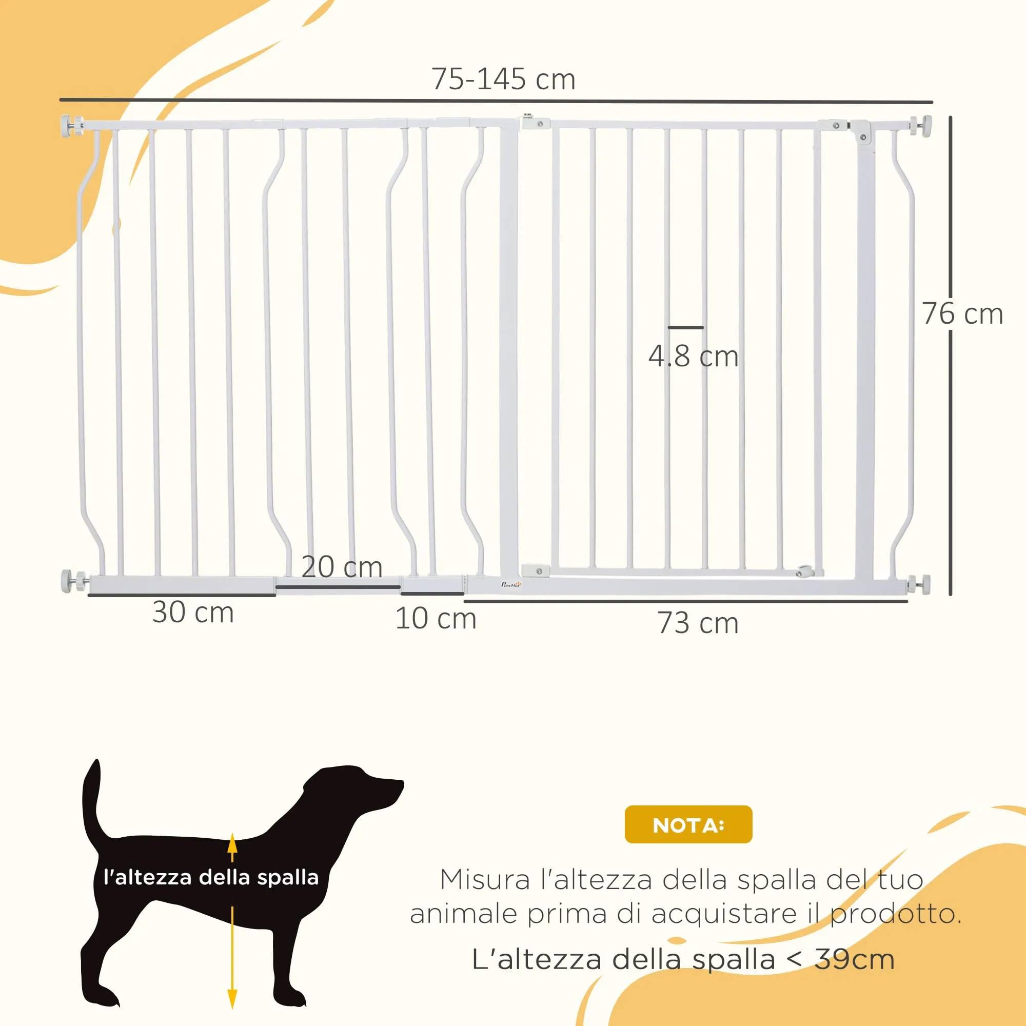 PawHut Cancelletto di Sicurezza per Cani Estensibile 75-145x76 cm, Bianco - immagine 3
