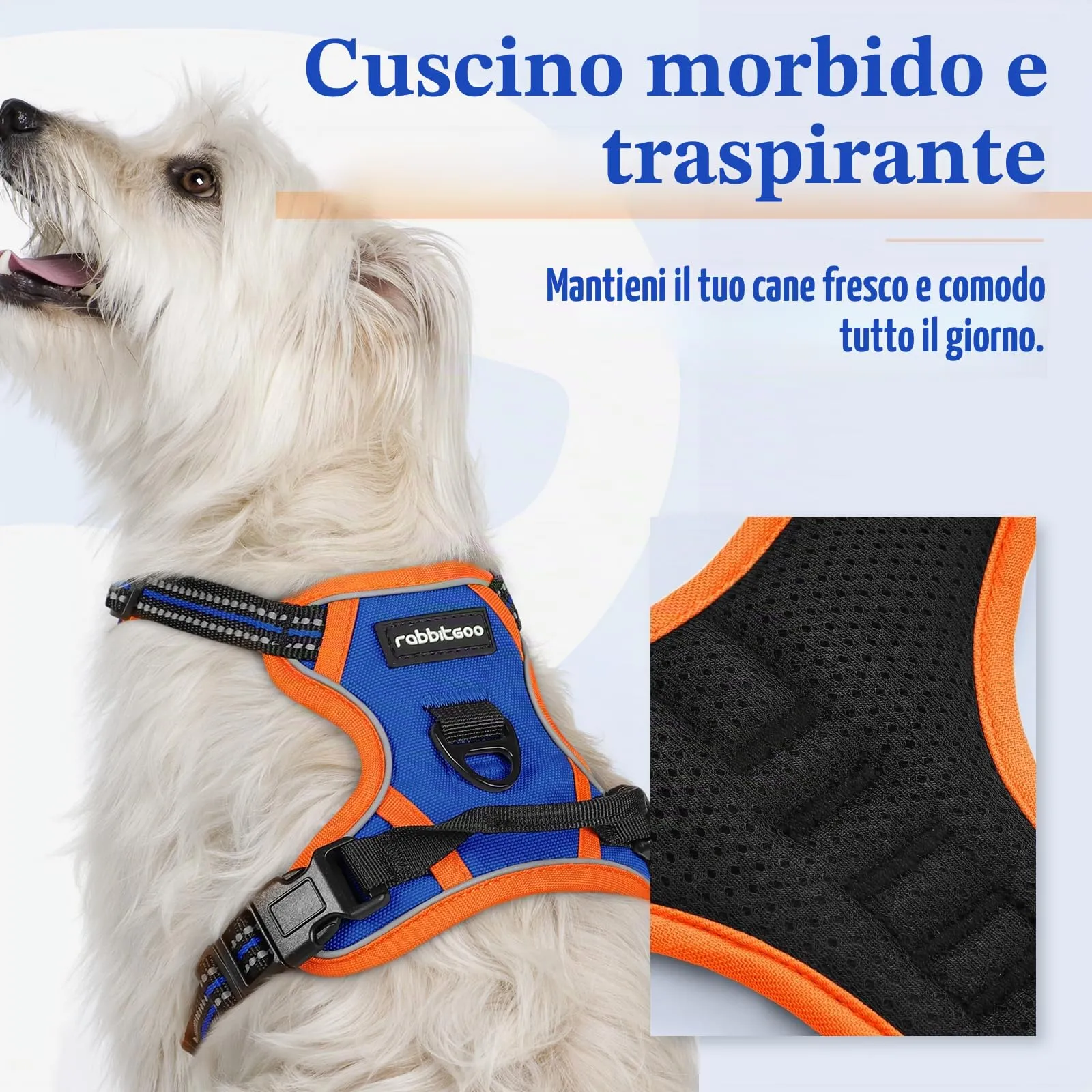 rabbitgoo Pettorina Cane ad H Regolabile Anti Tiro Riflettente, Blu + Arancione, XS - immagine 3