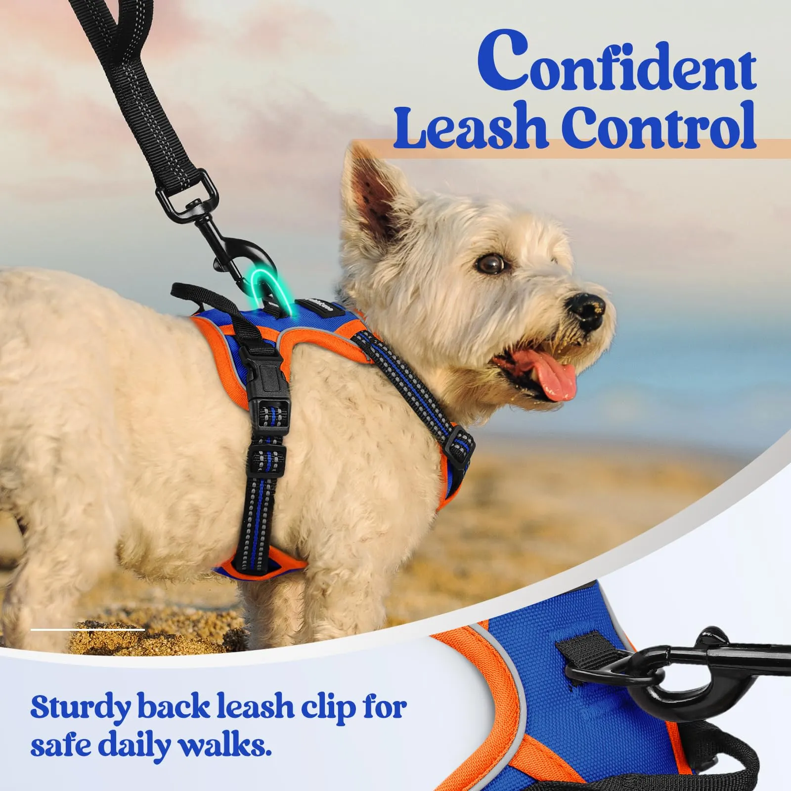 rabbitgoo Pettorina Cane ad H Regolabile Anti Tiro Riflettente, Blu + Arancione, XS - immagine 7