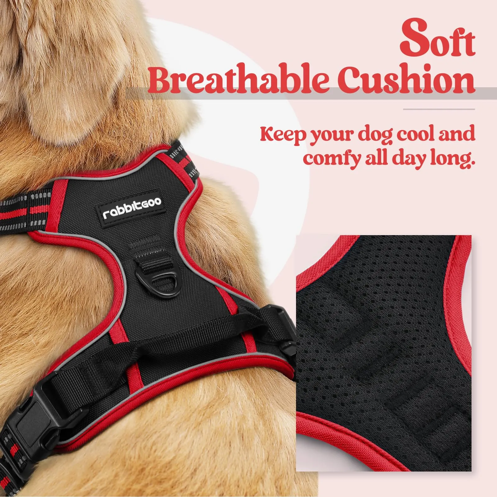 rabbitgoo Pettorina Cane ad h Regolabile, Anti Tiro Riflettente e Traspirante, Nero + Rosso, S - immagine 3
