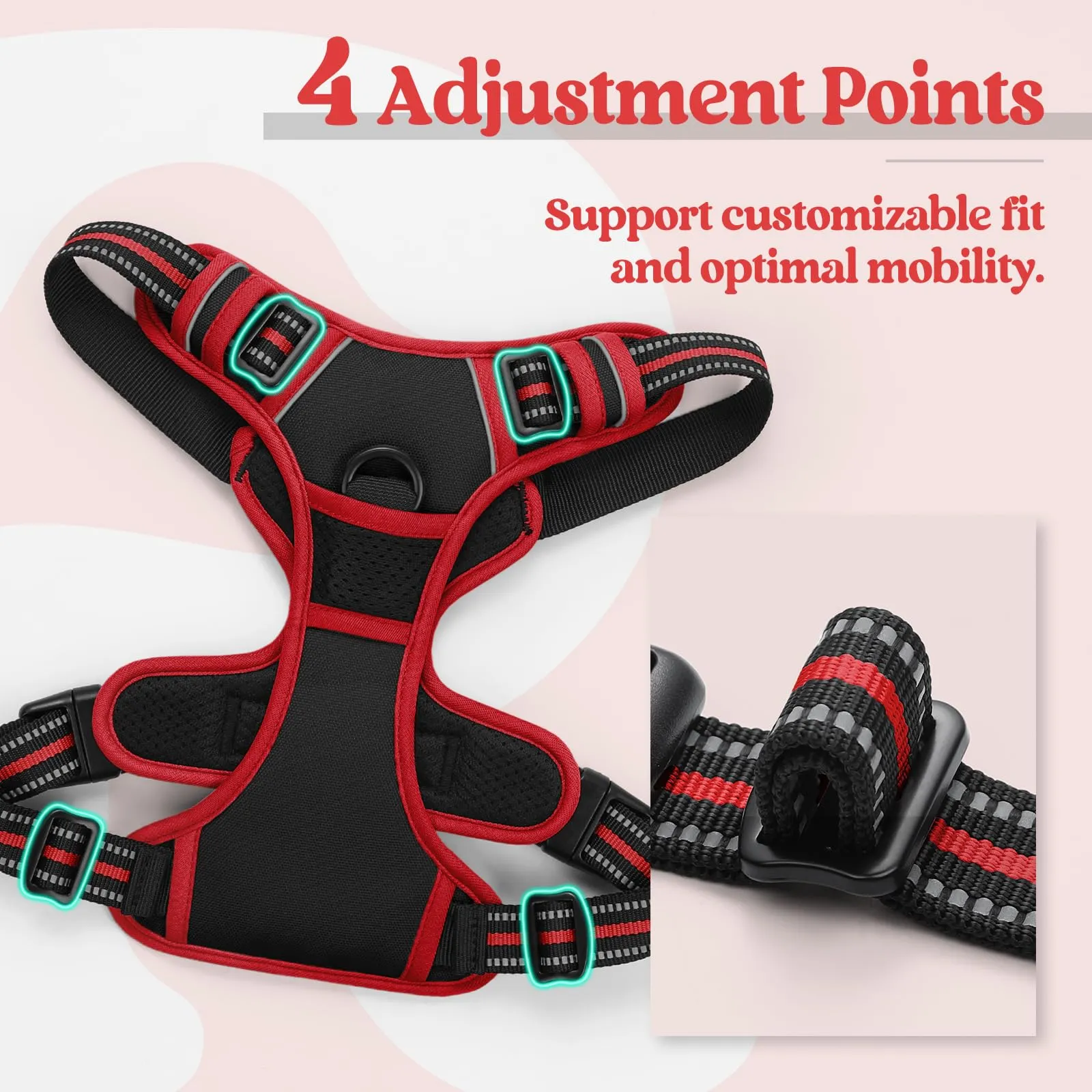 rabbitgoo Pettorina Cane ad h Regolabile, Anti Tiro Riflettente e Traspirante, Nero + Rosso, S - immagine 5
