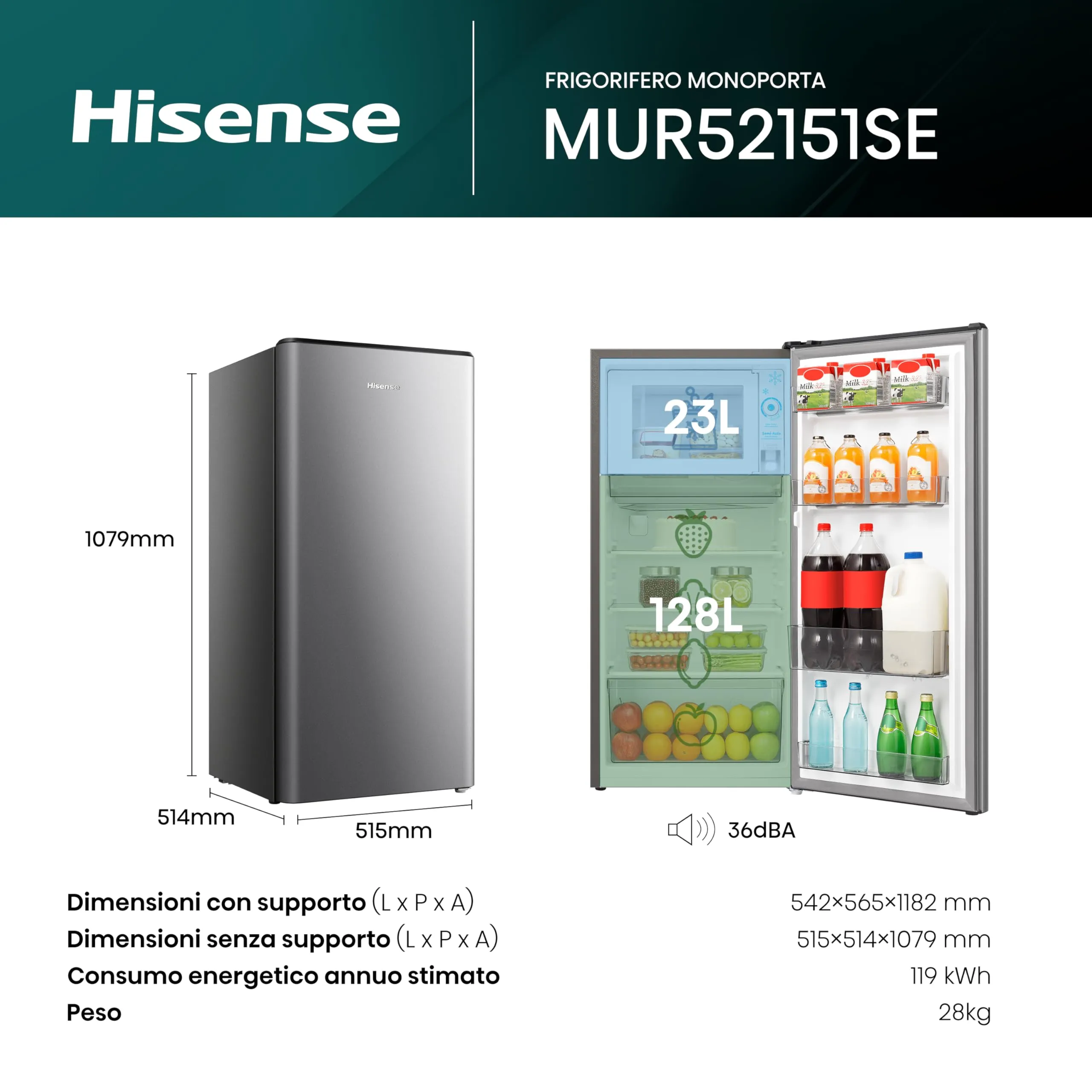 Hisense MUR52151SE Frigorifero Monoporta 150 Litri, Silver - immagine 2