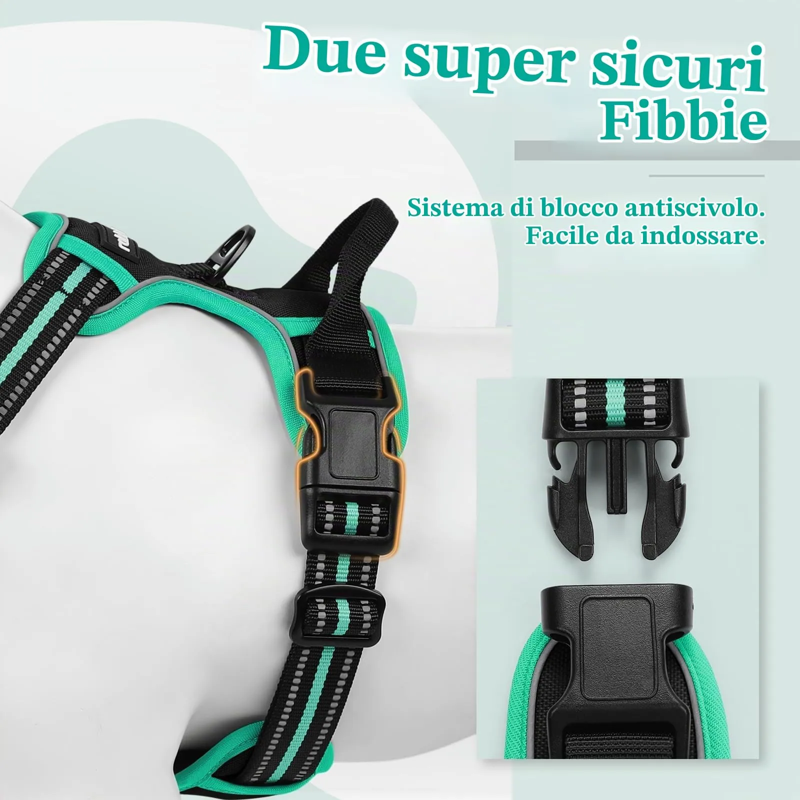 rabbitgoo Pettorina Cane ad H Regolabile, Anti Tiro Riflettente e Traspirante, Nero + Menta, M - immagine 4