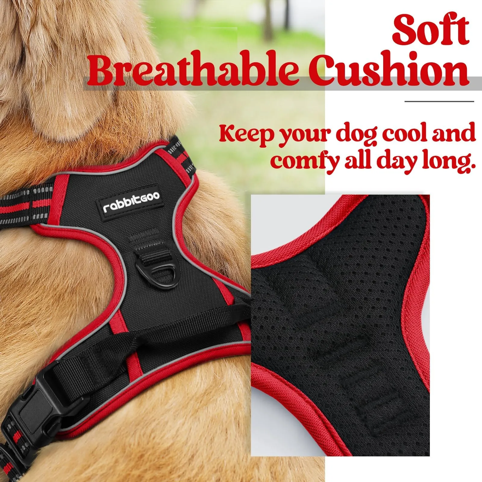 rabbitgoo Pettorina Cane ad h Regolabile Anti Tiro Riflettente, Nero + Rosso, L - immagine 3