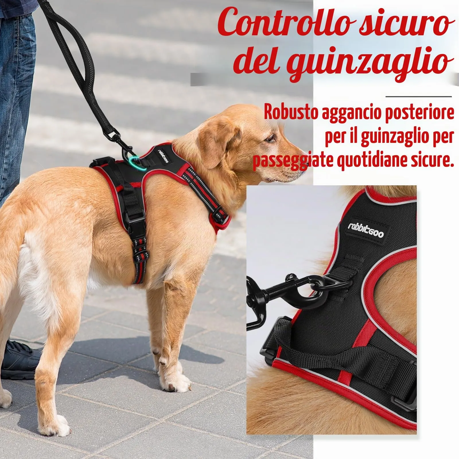 rabbitgoo Pettorina Cane ad h Regolabile Anti Tiro Riflettente, Nero + Rosso, L - immagine 6