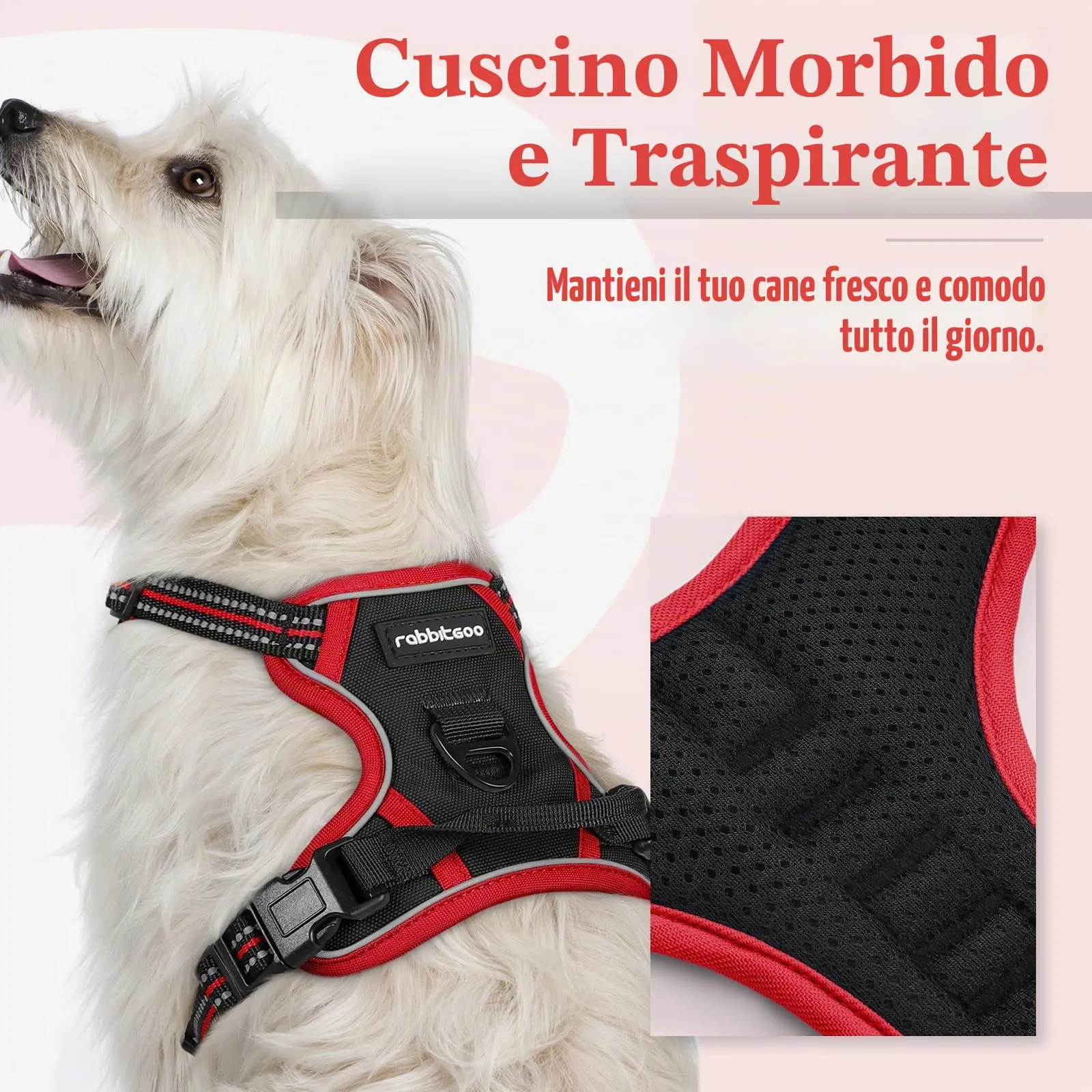 rabbitgoo Pettorina Cane ad H Regolabile, Anti Tiro e Riflettente, Traspirante, Nero + Rosso, XS - immagine 3