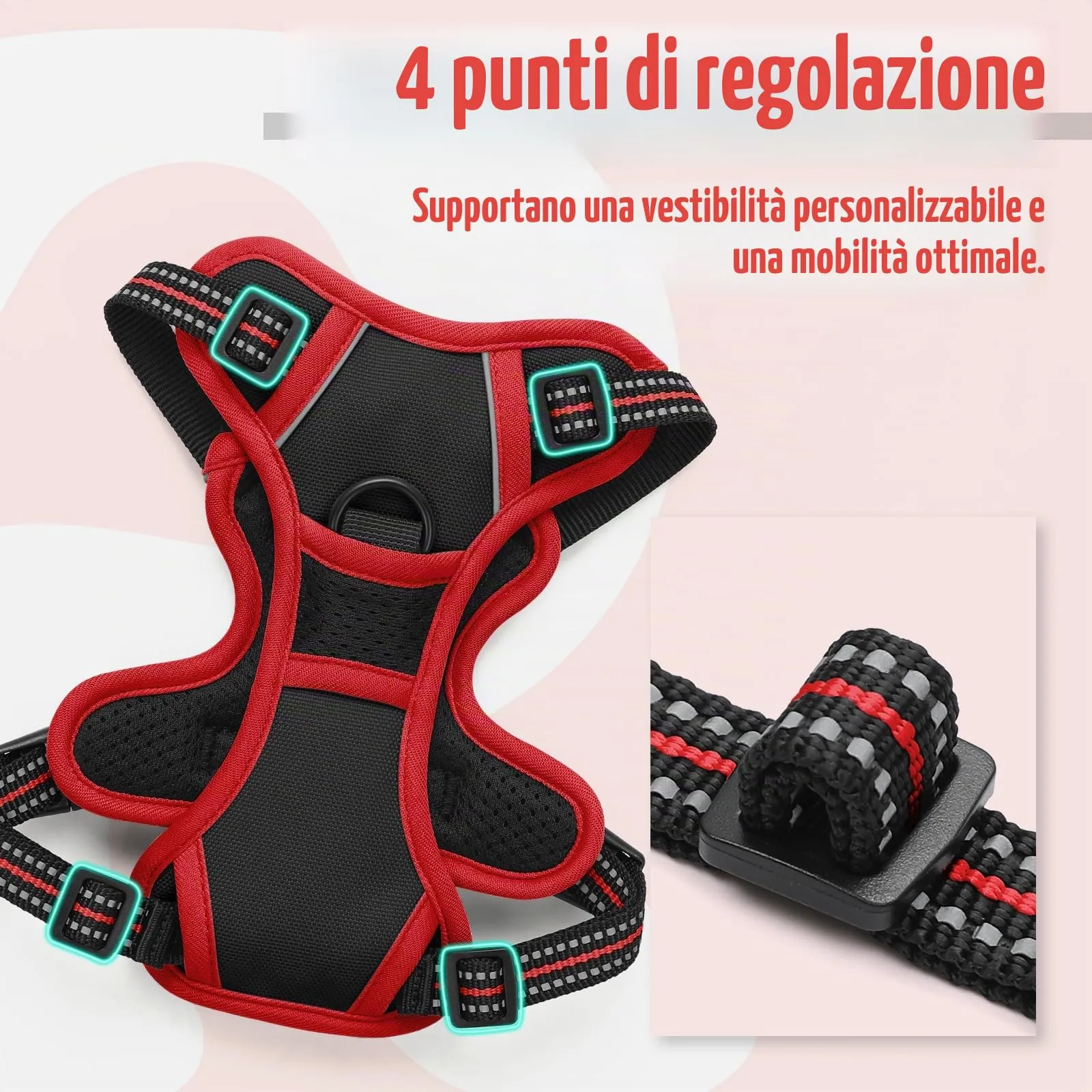 rabbitgoo Pettorina Cane ad H Regolabile, Anti Tiro e Riflettente, Traspirante, Nero + Rosso, XS - immagine 5