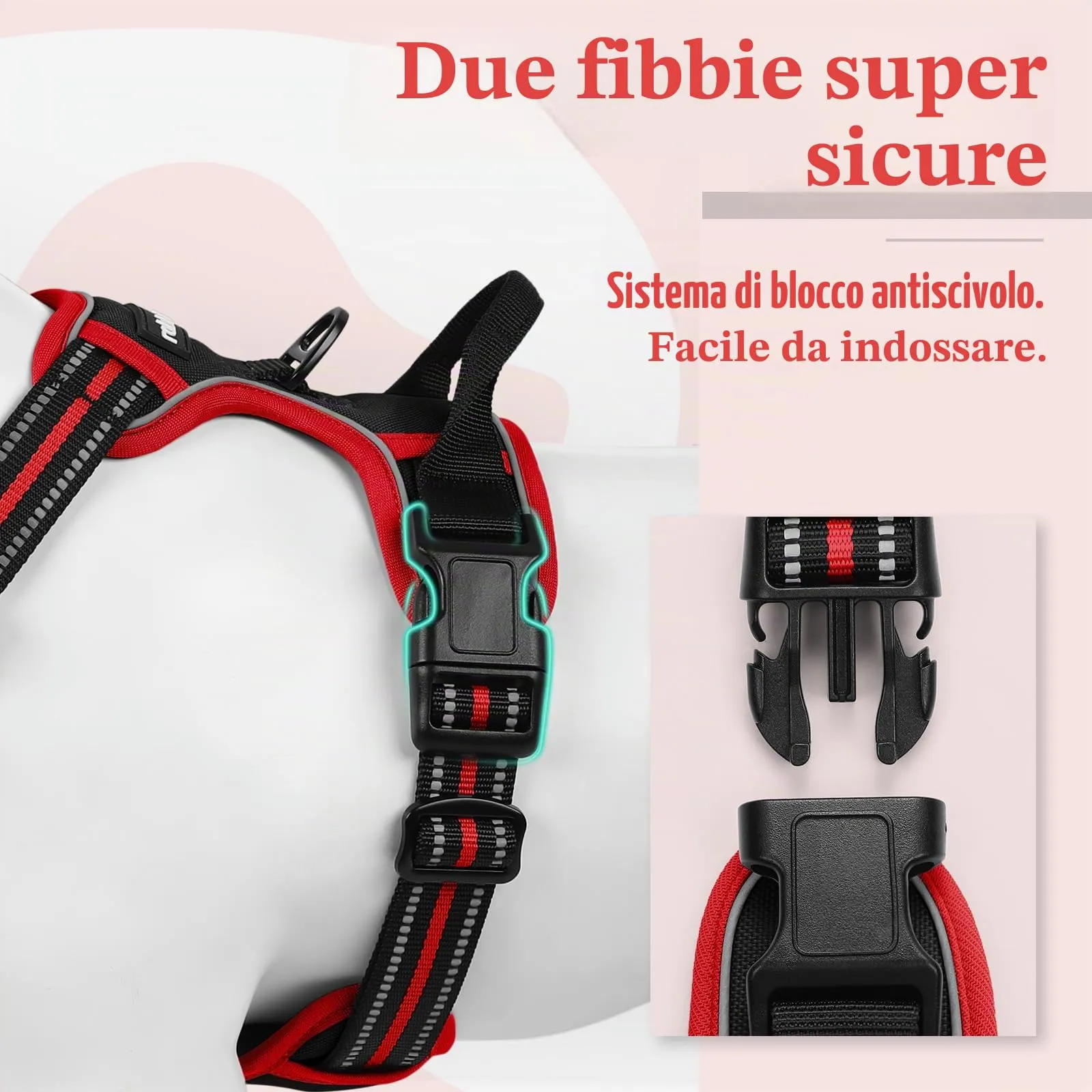 rabbitgoo Pettorina Cane ad H Regolabile, Anti Tiro e Riflettente, Nero + Rosso, M - immagine 4