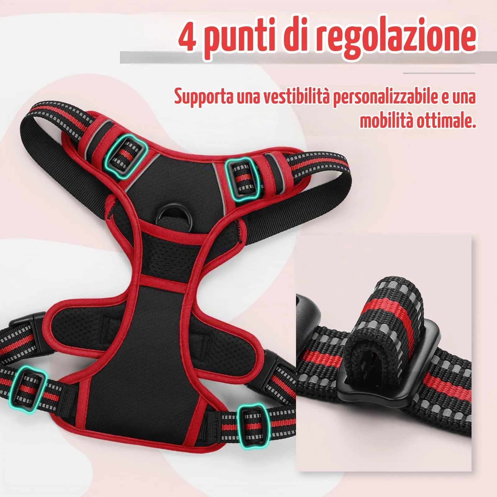 rabbitgoo Pettorina Cane ad H Regolabile, Anti Tiro e Riflettente, Nero + Rosso, M - immagine 5