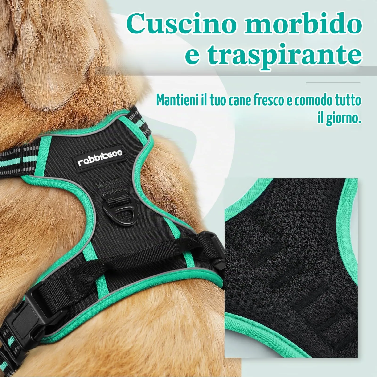 rabbitgoo Pettorina Cane ad H Regolabile Anti Tiro Riflettente, Nero + Menta, L - immagine 3