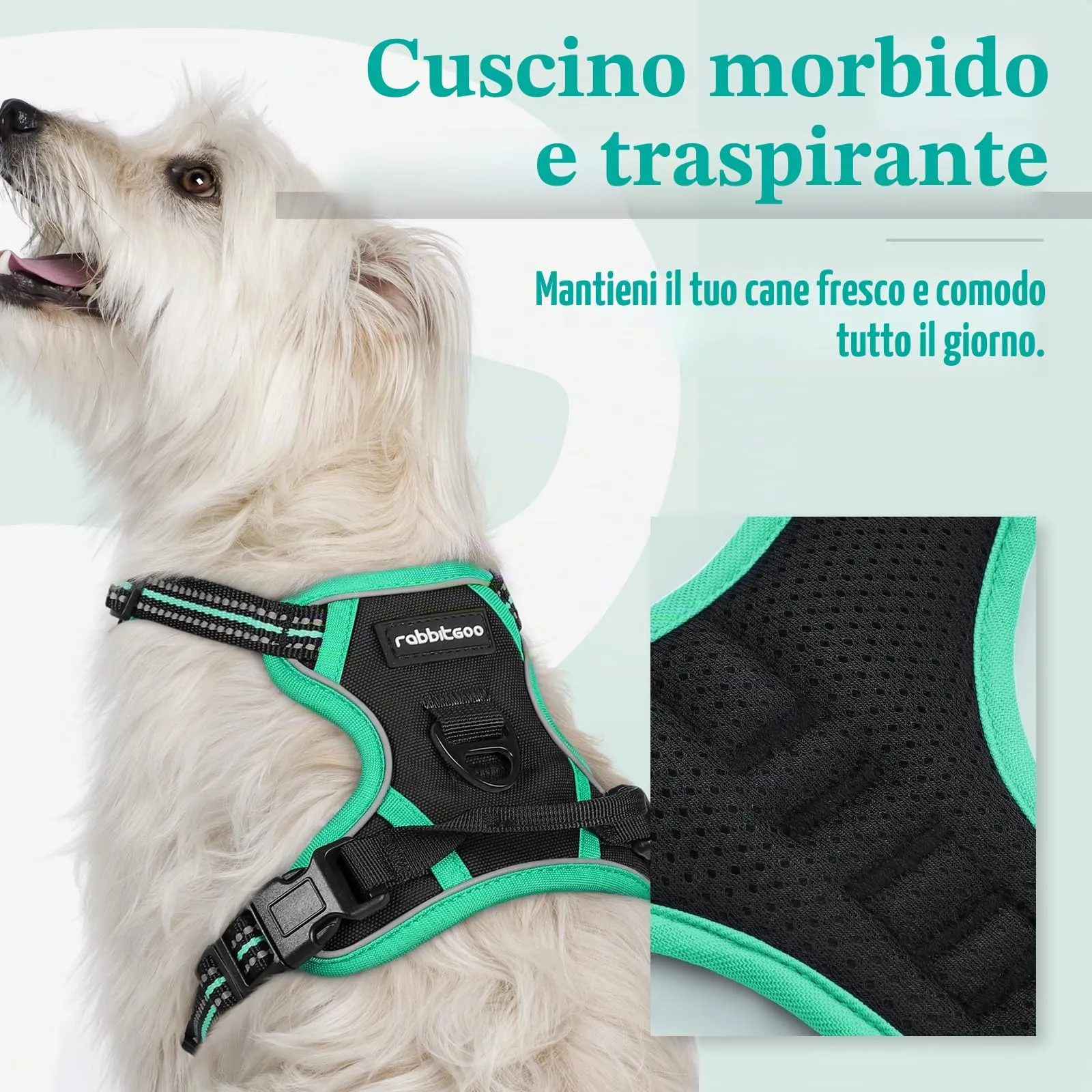 rabbitgoo Pettorina Cane ad H Regolabile Anti Tiro Riflettente, Nero + Menta, XS - immagine 3