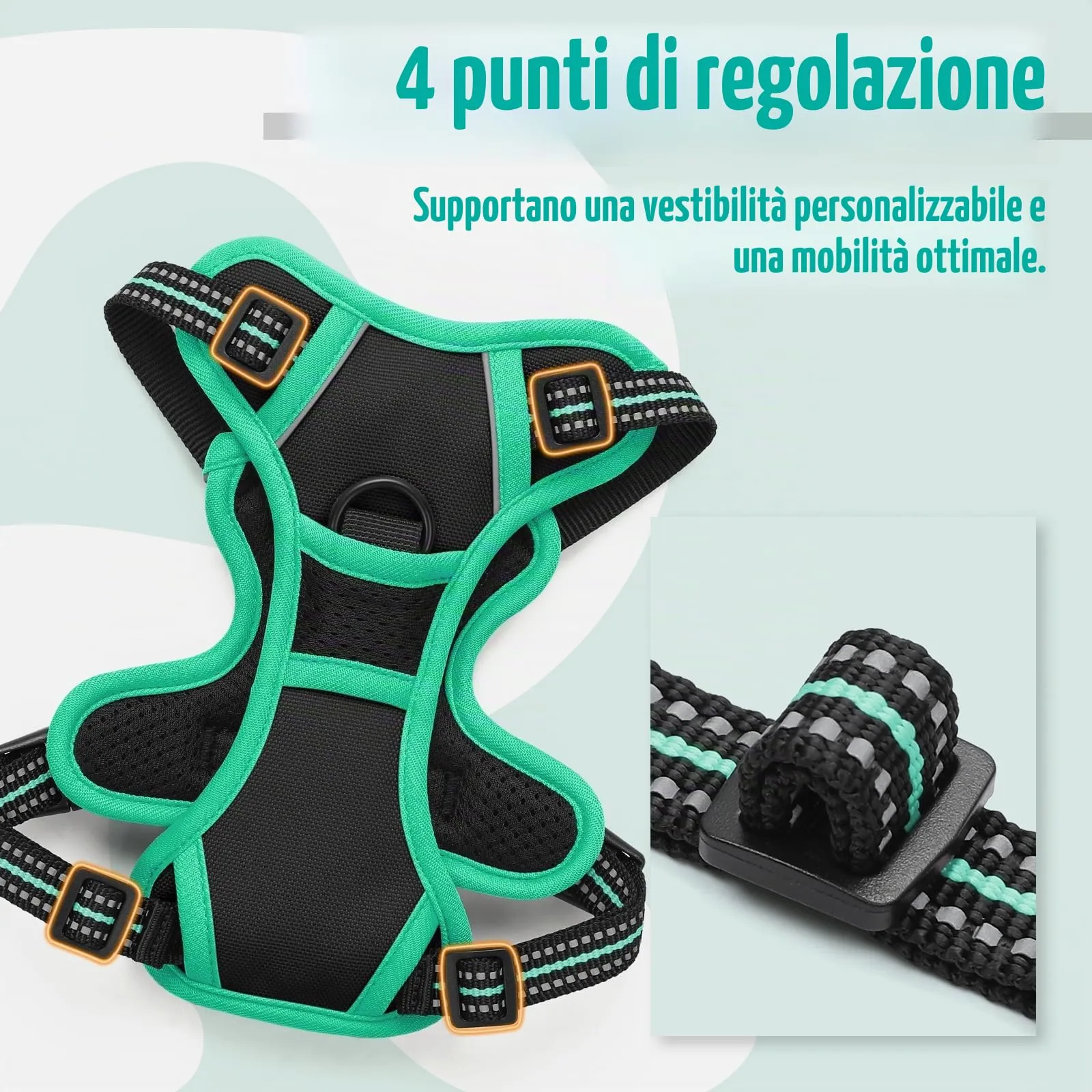 rabbitgoo Pettorina Cane ad H Regolabile Anti Tiro Riflettente, Nero + Menta, XS - immagine 5