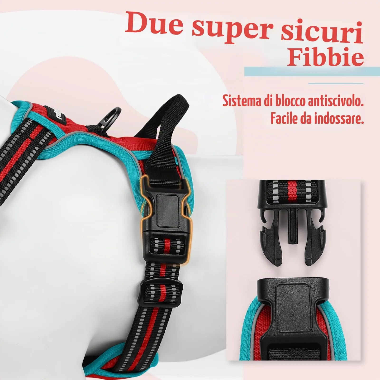rabbitgoo Pettorina Cane ad H Regolabile Anti Tiro Riflettente, Rosso + Blu Pavone, XL - immagine 4