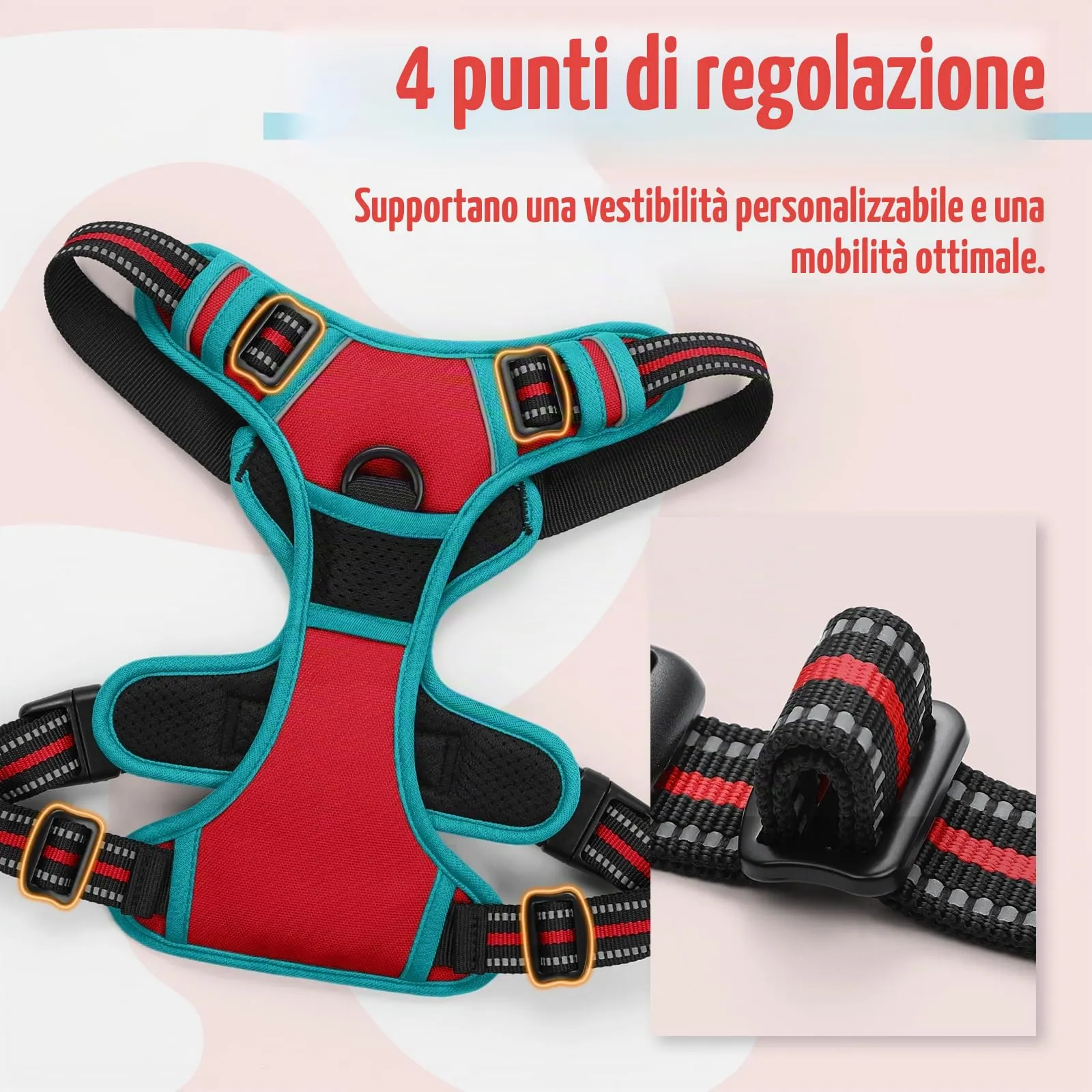 rabbitgoo Pettorina Cane ad H Regolabile Anti Tiro Riflettente, Rosso + Blu Pavone, XL - immagine 5