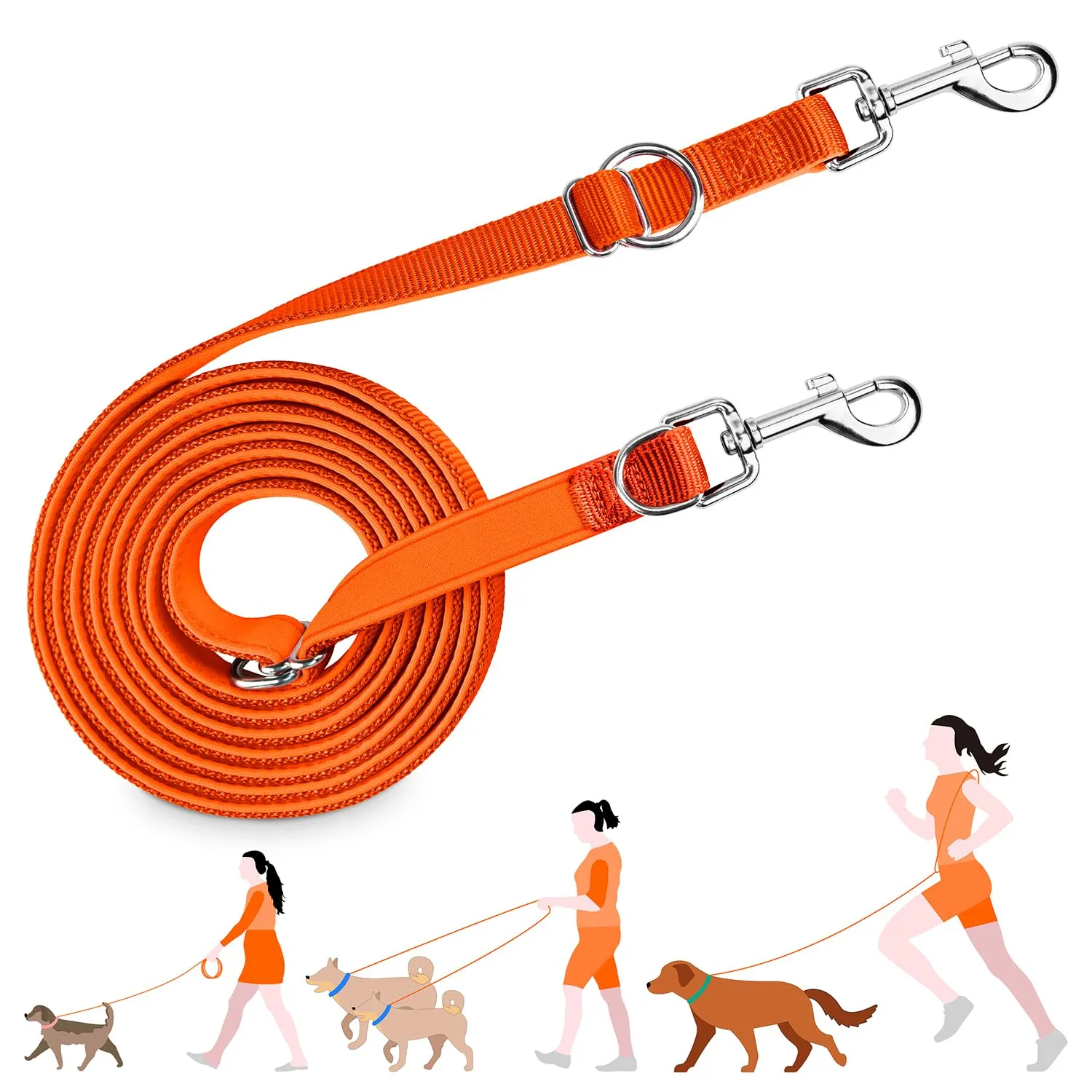 PETCOOZ Guinzaglio Addestramento Multifunzionale per Cani, Doppio, Regolabile 3M, Arancione - immagine 1