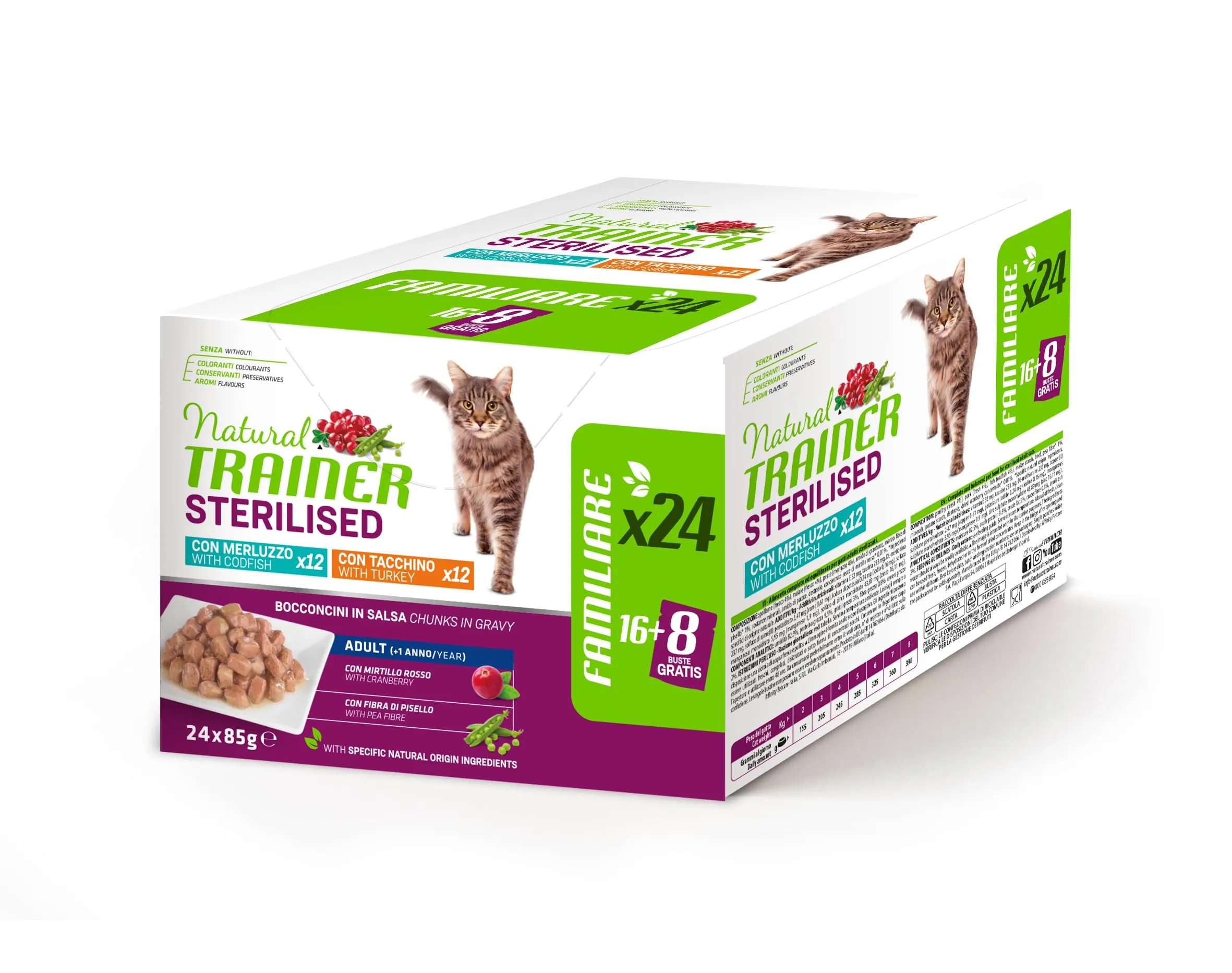 Trainer Natural Cibo Umido per Gatti Adulti Sterilizzati, Tacchino e Merluzzo, 24 x 85 g - immagine 1