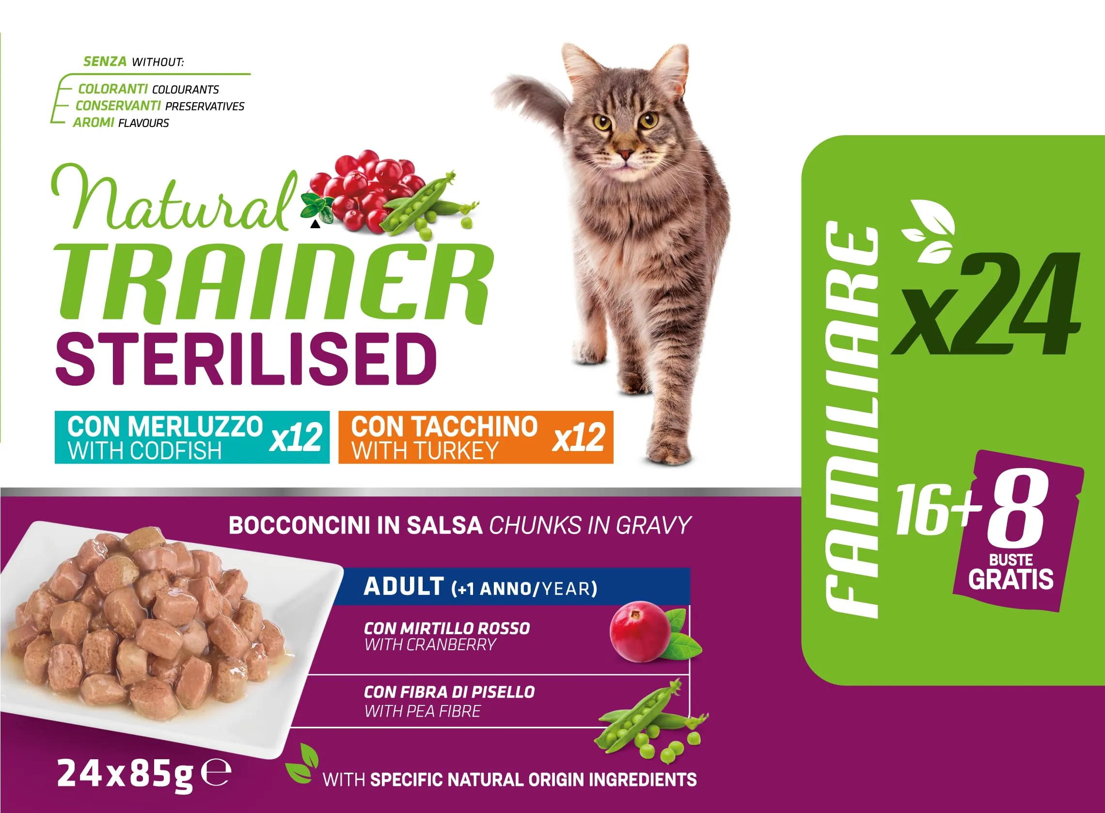 Trainer Natural Cibo Umido per Gatti Adulti Sterilizzati, Tacchino e Merluzzo, 24 x 85 g - immagine 2