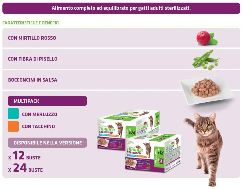 Trainer Natural Cibo Umido per Gatti Adulti Sterilizzati, Tacchino e Merluzzo, 24 x 85 g - immagine 3