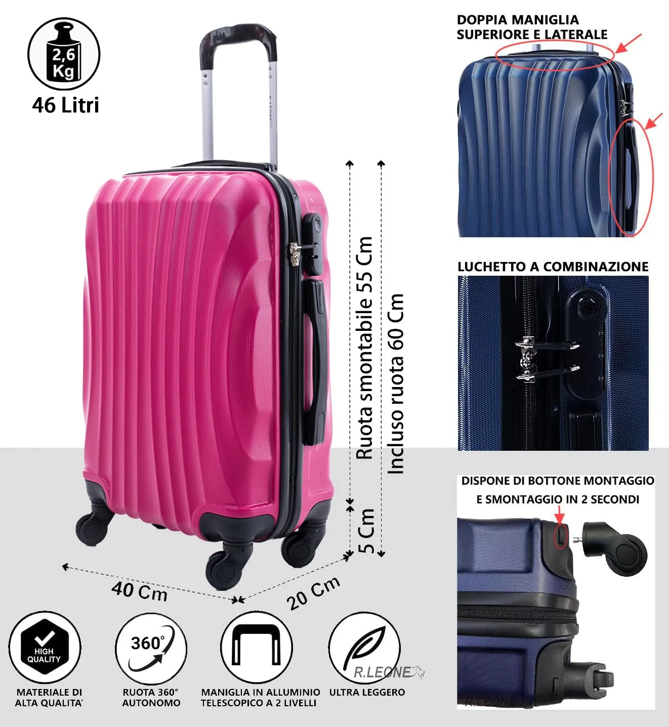 R.Leone Trolley in ABS 2037MAX with Removable Wheels 60x40x20 cm (55x40x20 cm), Fucsia - immagine 2