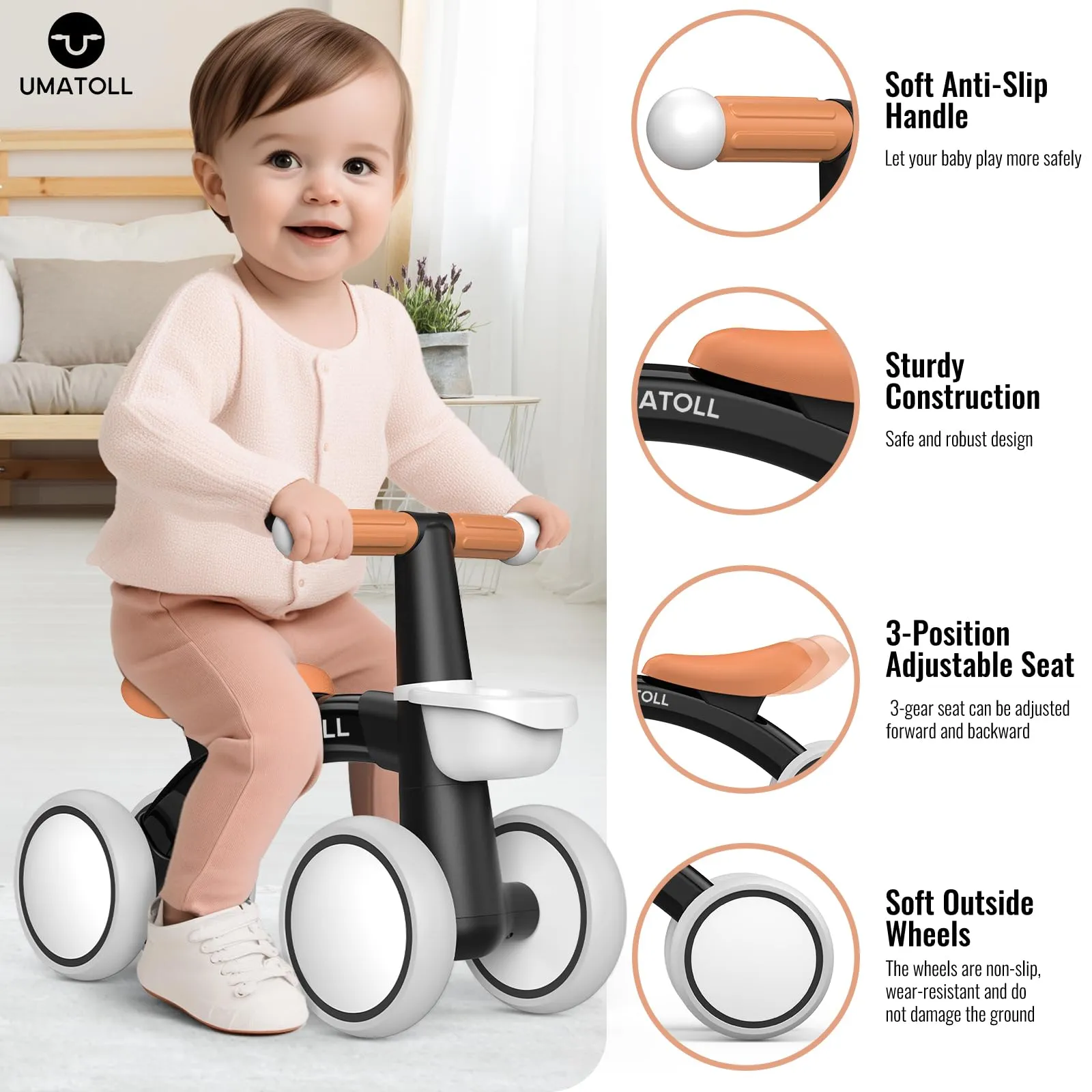 Umatoll Bici Senza Pedali per Bambini 1-2 Anni, Nero - immagine 2