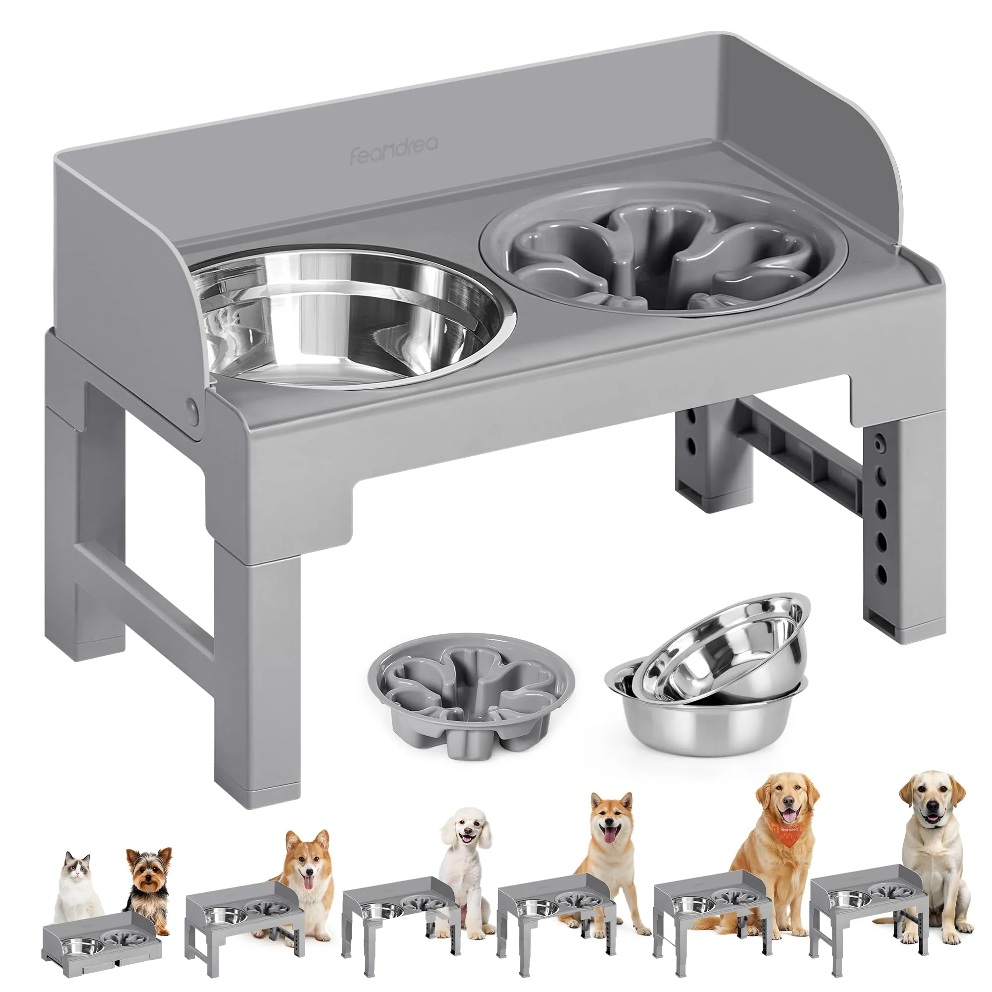 Feandrea Ciotole Rialzate per Cani con 1 Ciotola Slow Feeder e 2 in Acciaio Inox 304, Altezza e Inclinazione Regolabili, Grigio Tortora PRB103GD01 - immagine 1