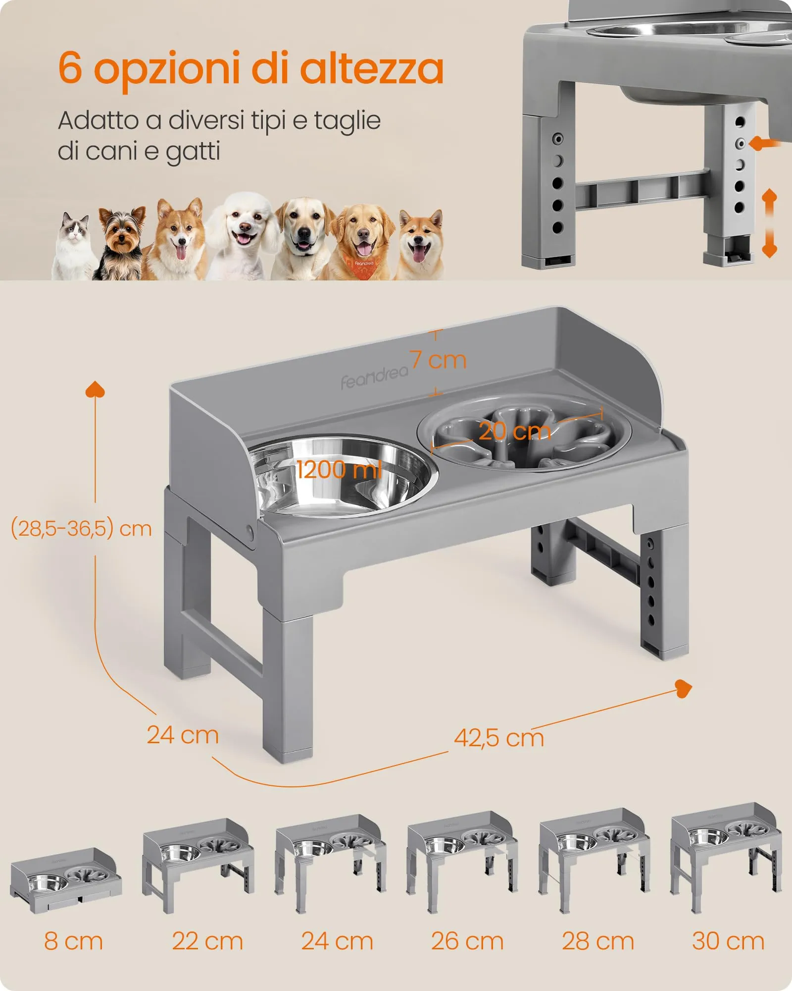 Feandrea Ciotole Rialzate per Cani con 1 Ciotola Slow Feeder e 2 in Acciaio Inox 304, Altezza e Inclinazione Regolabili, Grigio Tortora PRB103GD01 - immagine 3