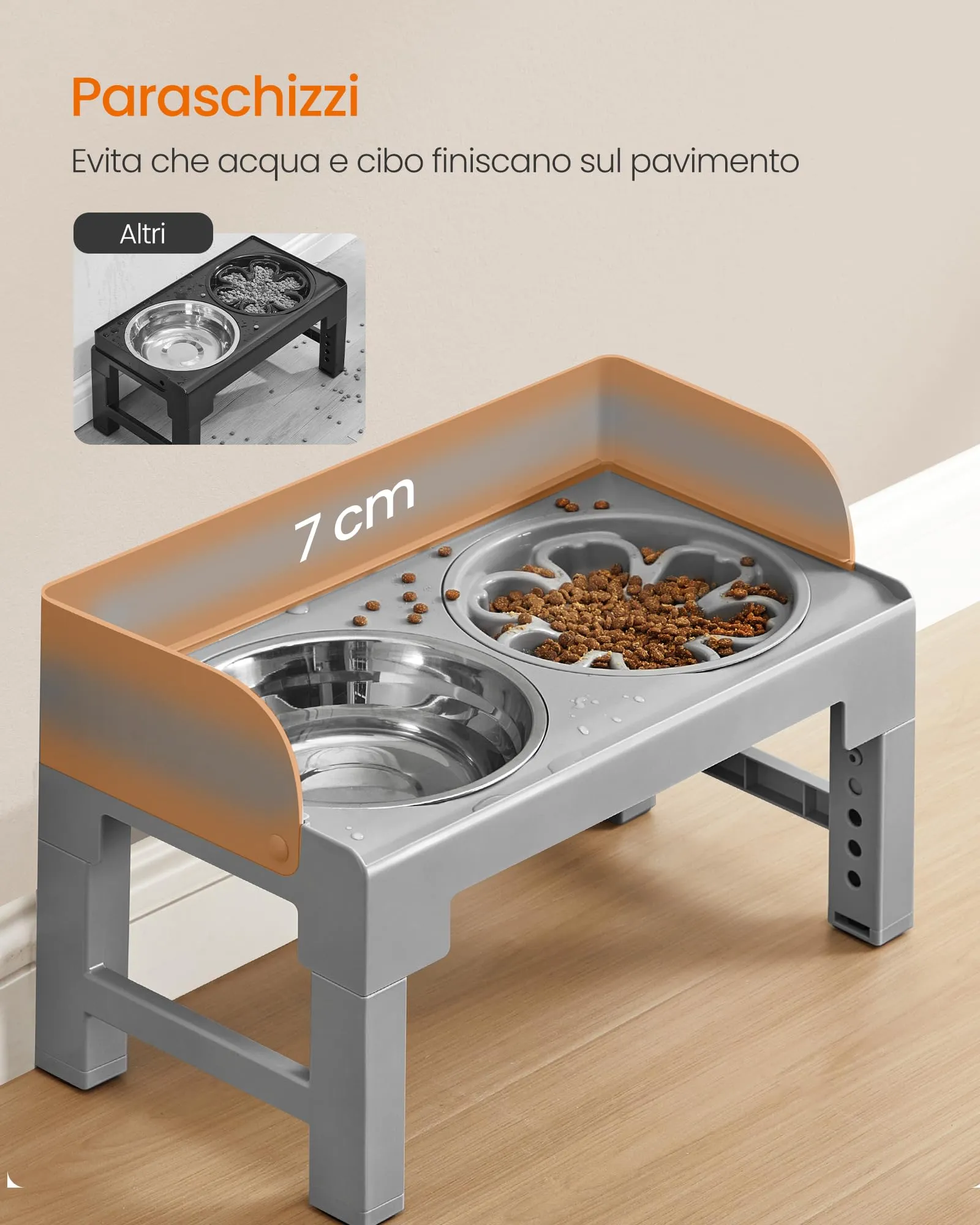 Feandrea Ciotole Rialzate per Cani con 1 Ciotola Slow Feeder e 2 in Acciaio Inox 304, Altezza e Inclinazione Regolabili, Grigio Tortora PRB103GD01 - immagine 4