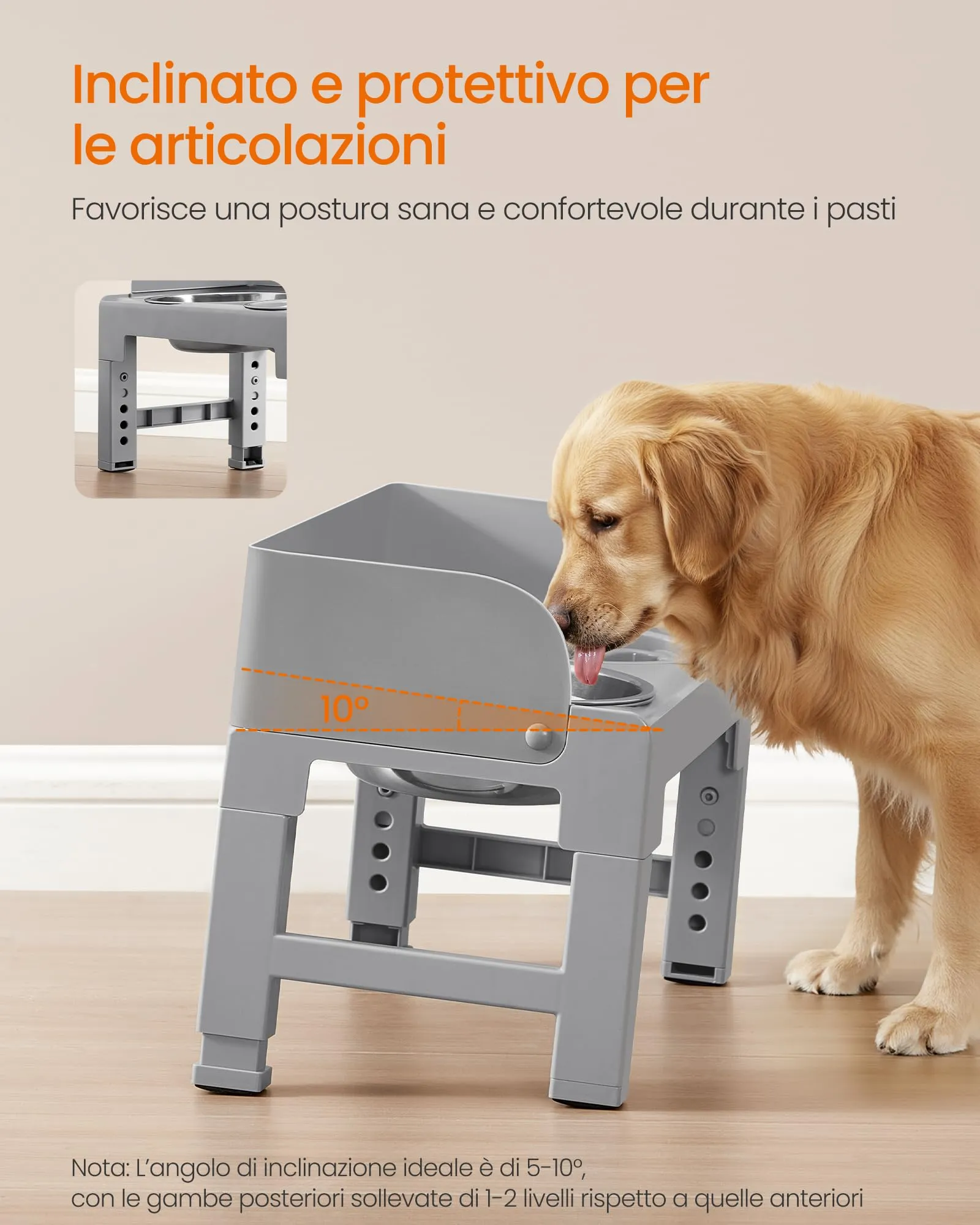 Feandrea Ciotole Rialzate per Cani con 1 Ciotola Slow Feeder e 2 in Acciaio Inox 304, Altezza e Inclinazione Regolabili, Grigio Tortora PRB103GD01 - immagine 5