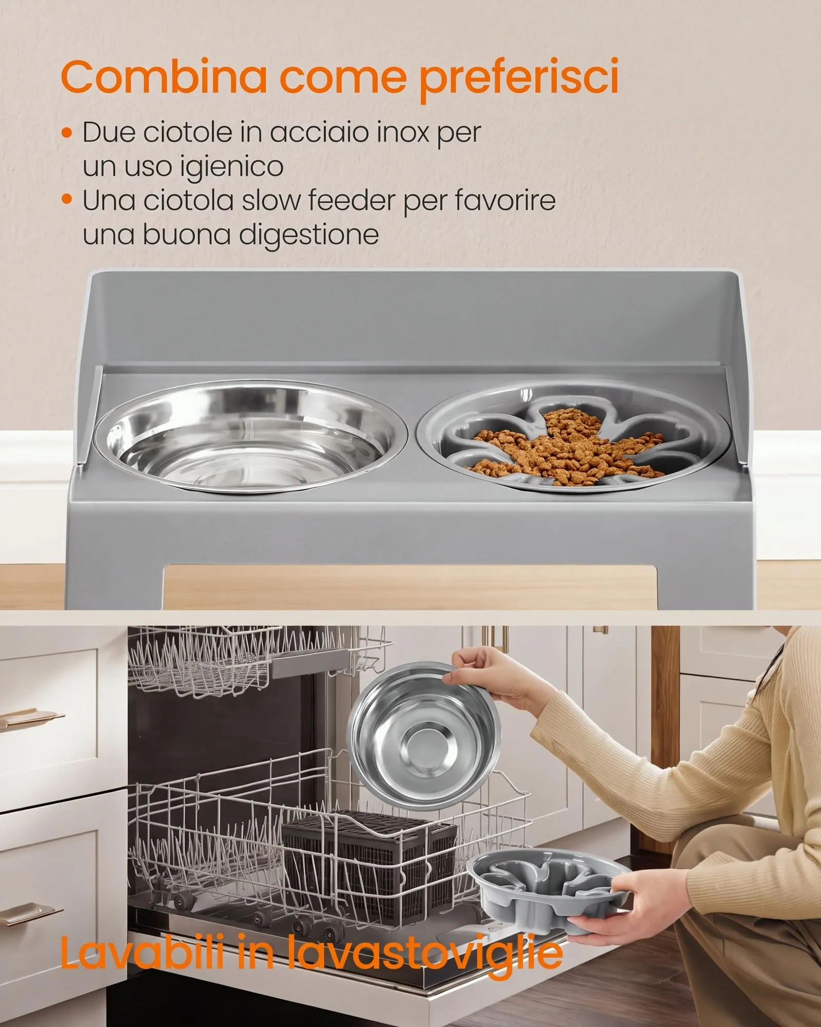 Feandrea Ciotole Rialzate per Cani con 1 Ciotola Slow Feeder e 2 in Acciaio Inox 304, Altezza e Inclinazione Regolabili, Grigio Tortora PRB103GD01 - immagine 6