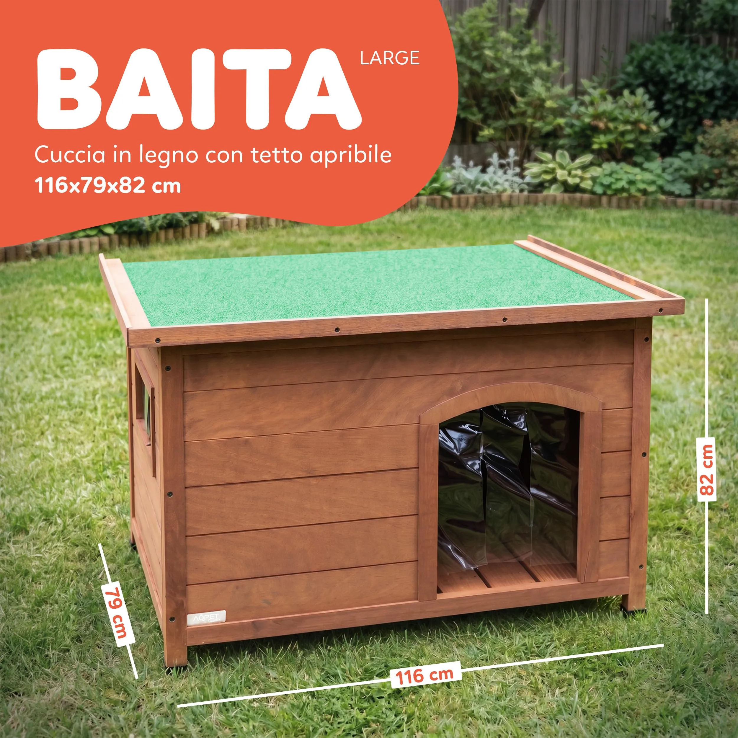 Aqpet Baita Cuccia in Legno da Esterno per Cani con Tetto Apribile e Tende Termiche, Large 116x79x85h - immagine 2