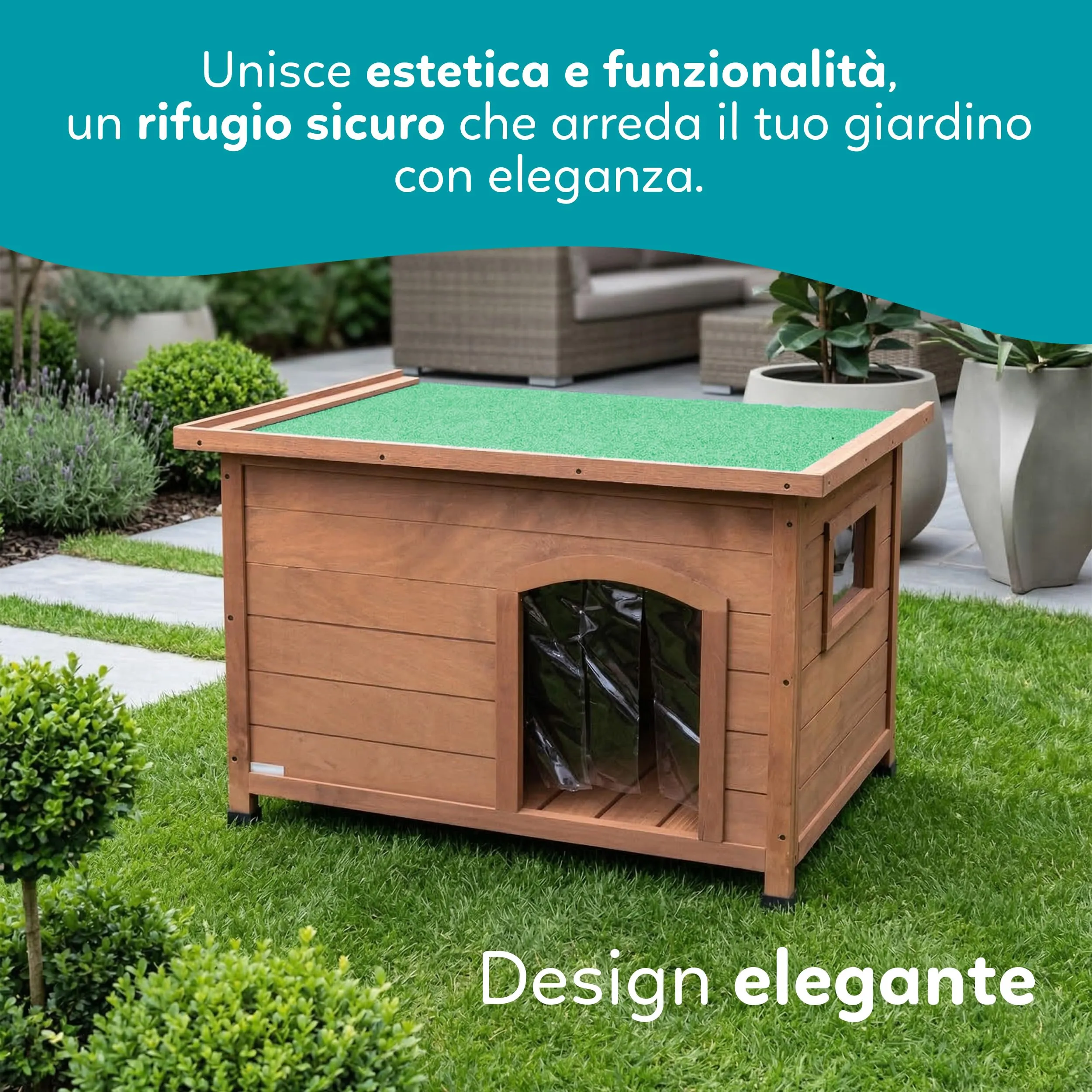 Aqpet Baita Cuccia in Legno da Esterno per Cani con Tetto Apribile e Tende Termiche, Large 116x79x85h - immagine 3
