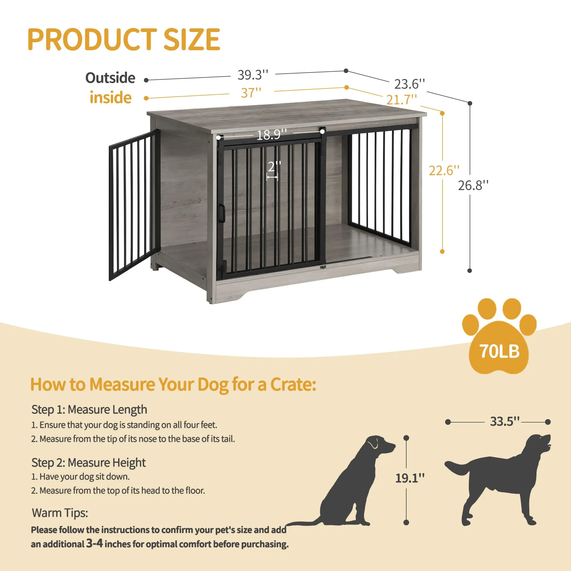 Hzuaneri Gabbia per Cani con Tavolo Supplemento, Avorio Chiaro, 100 cm - immagine 2