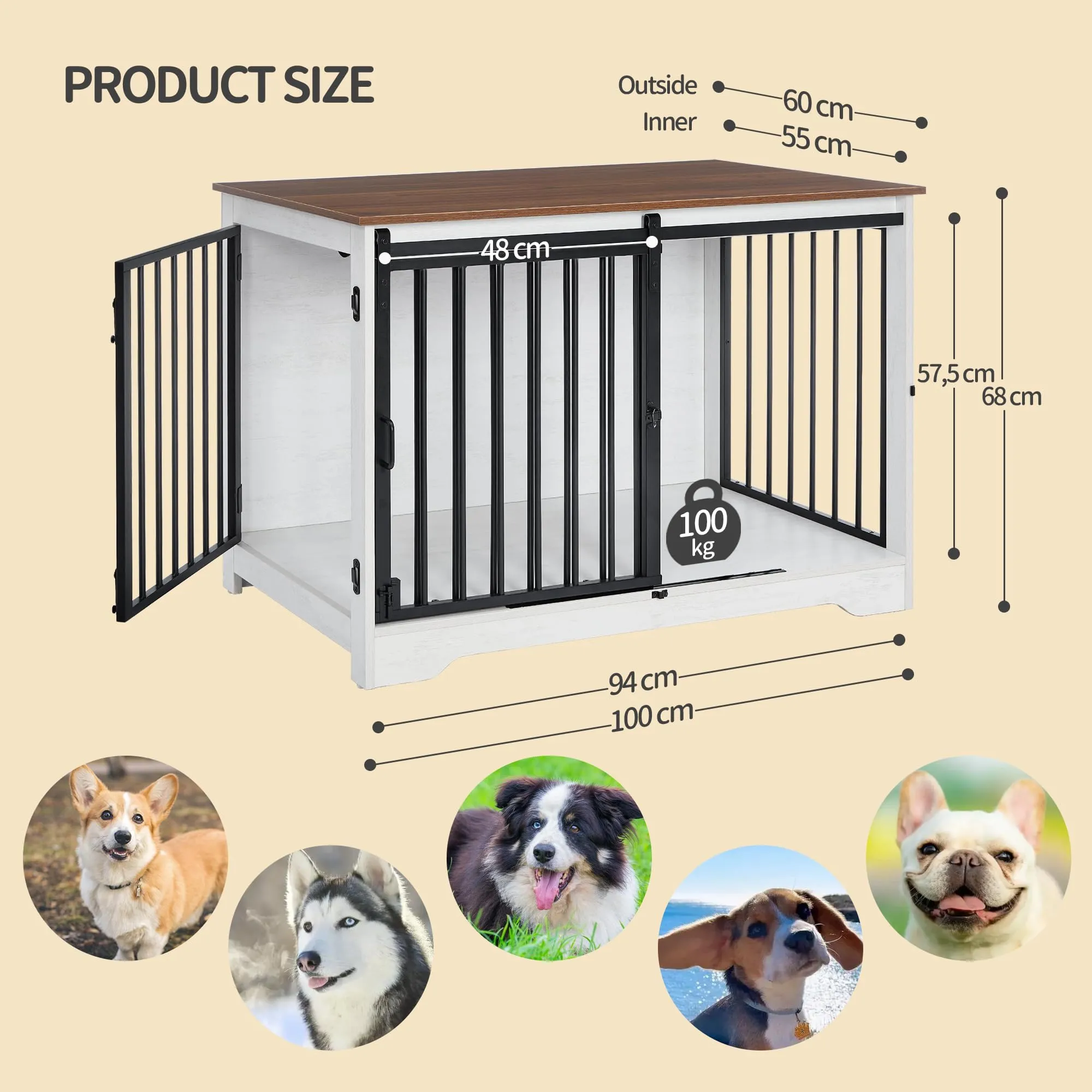 Hzuaneri Gabbia per Cani con Tavolo, Bianco e Marrone, 100 cm - immagine 2