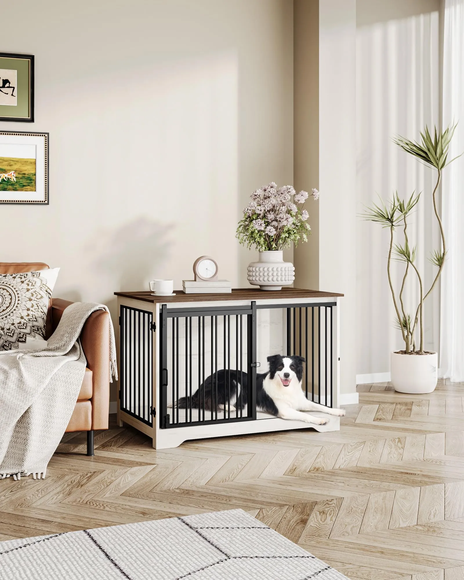 Hzuaneri Gabbia per Cani con Tavolo, Bianco e Marrone, 100 cm - immagine 8