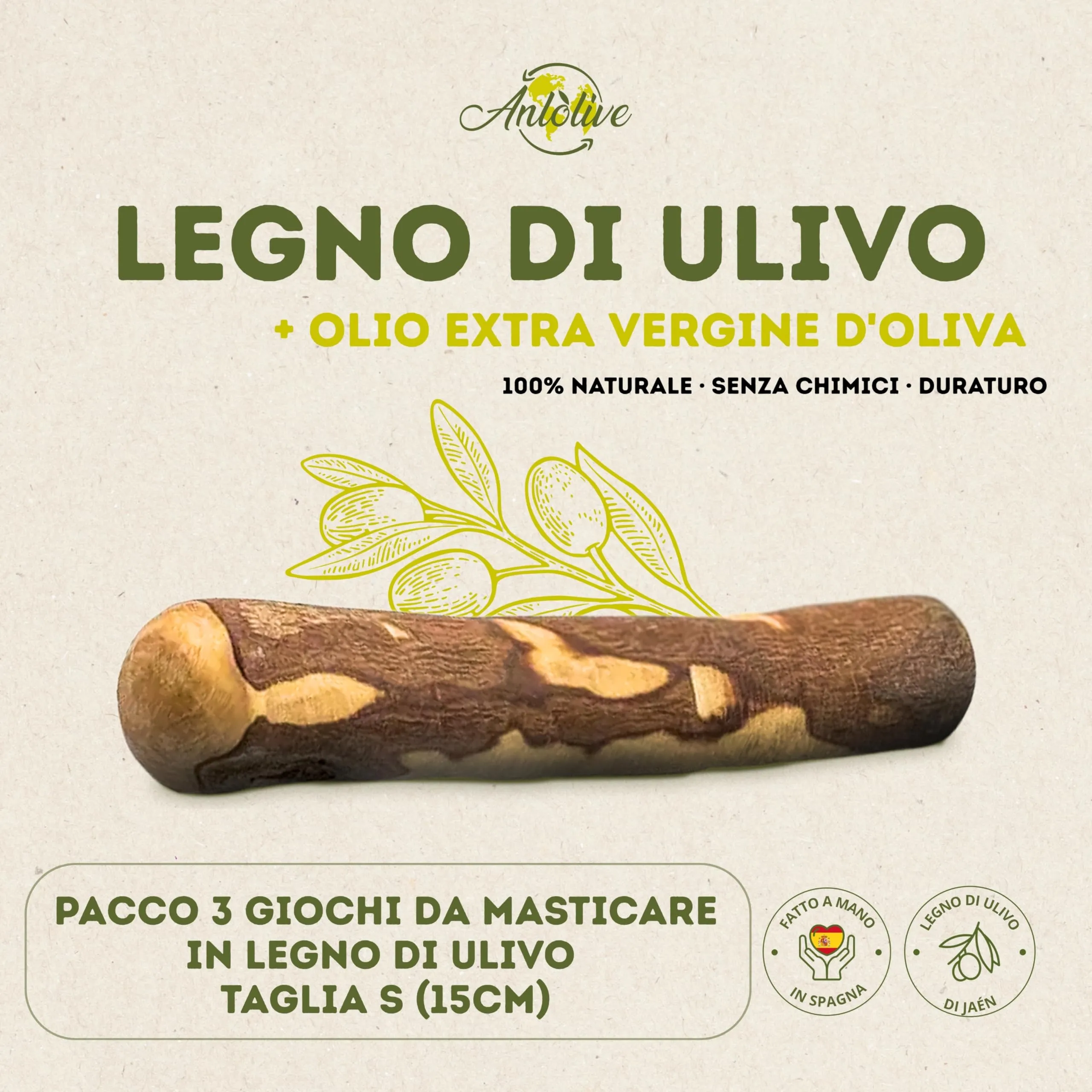 Anlolive Set 3 Giochi da Masticare in Legno d’Ulivo per Cani Piccoli, Taglia S 15 cm - immagine 2