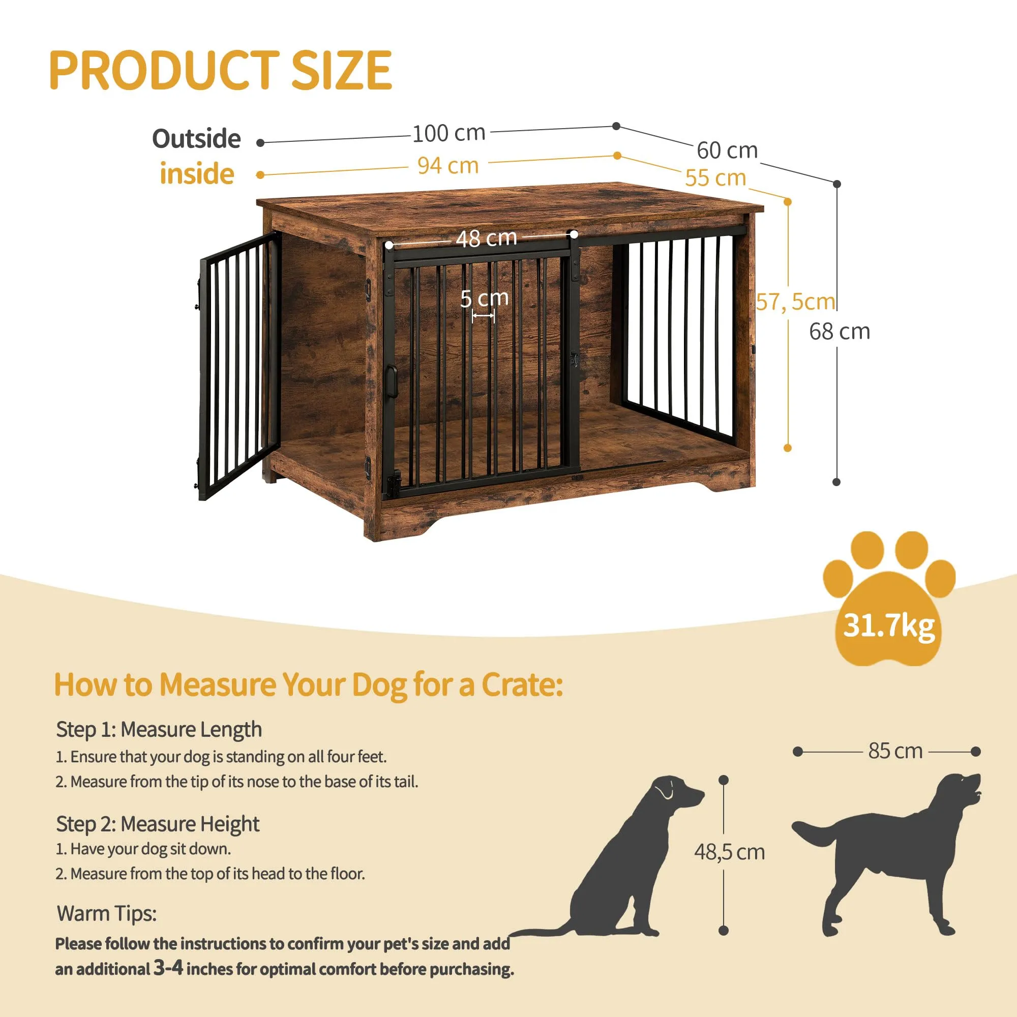 Hzuaneri Gabbia per Cani con Tavolo, Marrone Rustico, 100 x 60 x 68 cm - immagine 2