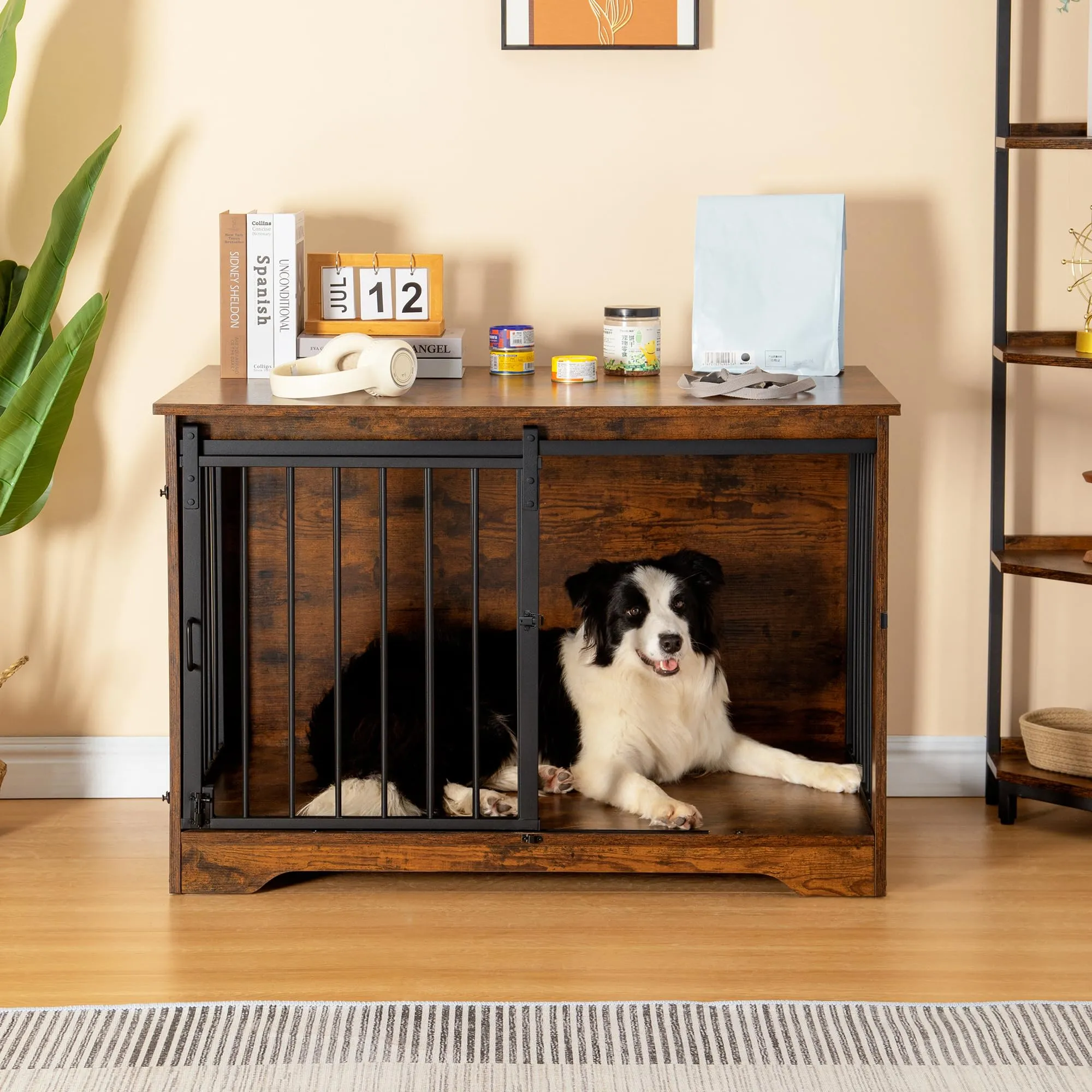 Hzuaneri Gabbia per Cani con Tavolo, Marrone Rustico, 100 x 60 x 68 cm - immagine 3
