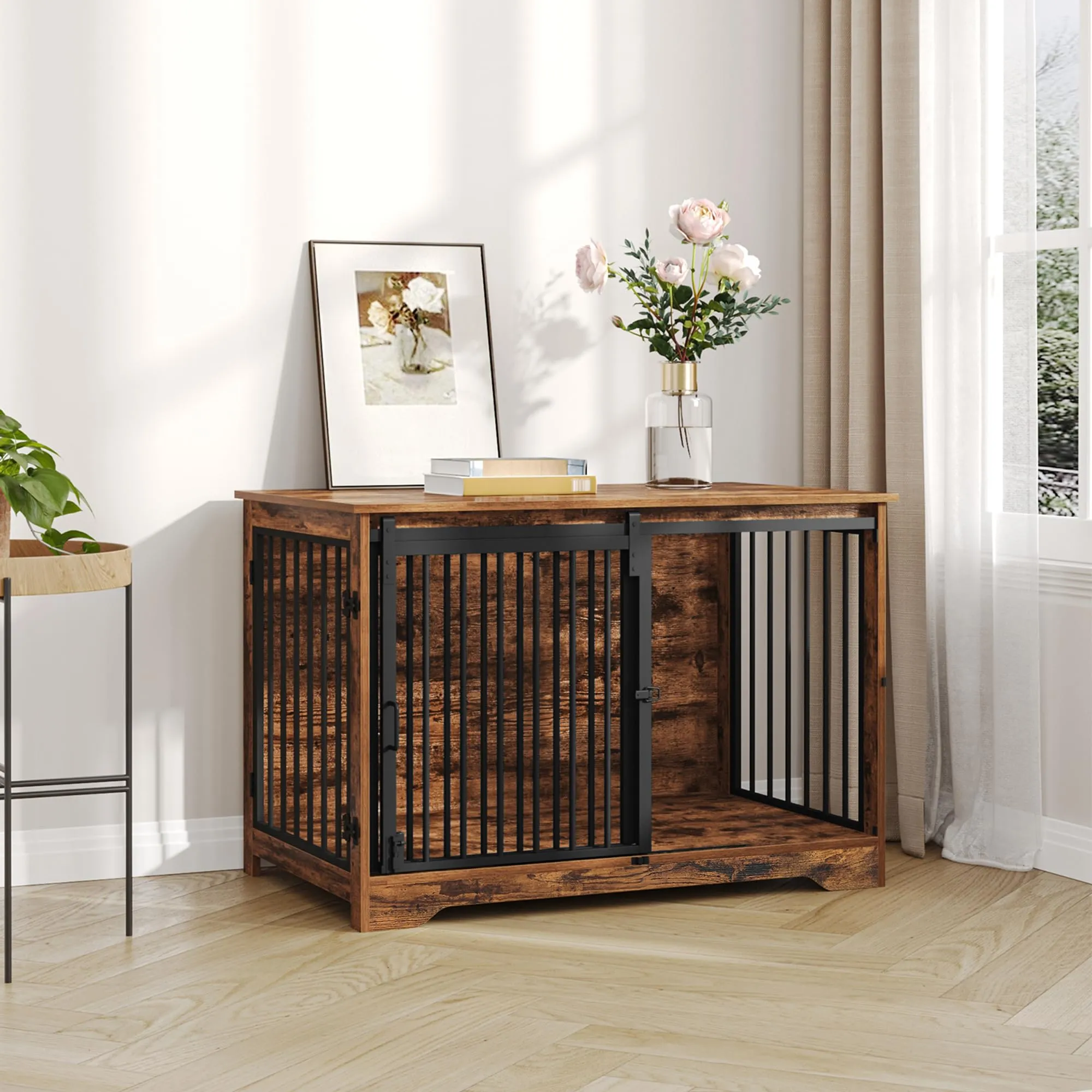 Hzuaneri Gabbia per Cani con Tavolo, Marrone Rustico, 100 x 60 x 68 cm - immagine 6