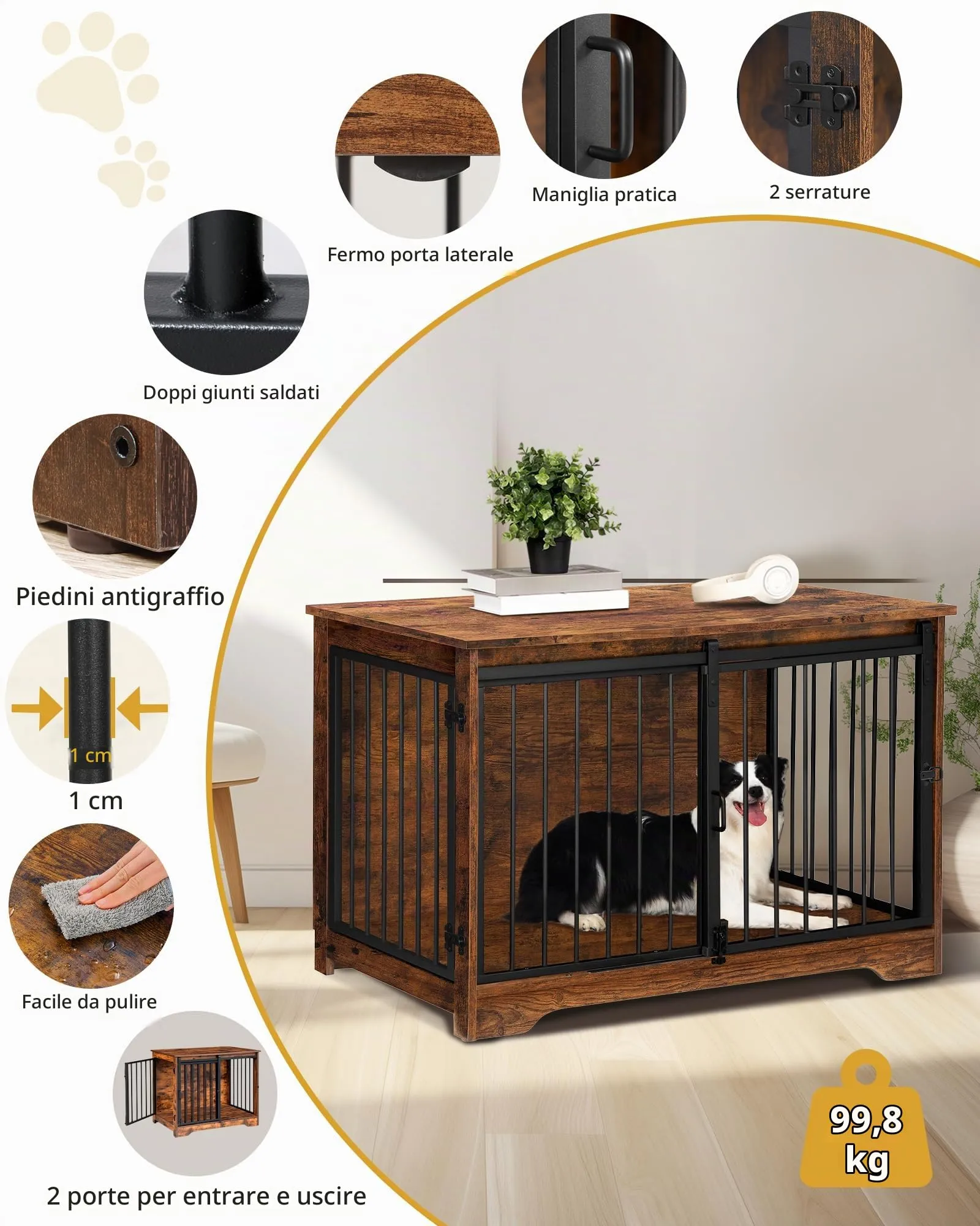 Hzuaneri Gabbia per Cani con Tavolo, Marrone Rustico, 100 x 60 x 68 cm - immagine 8
