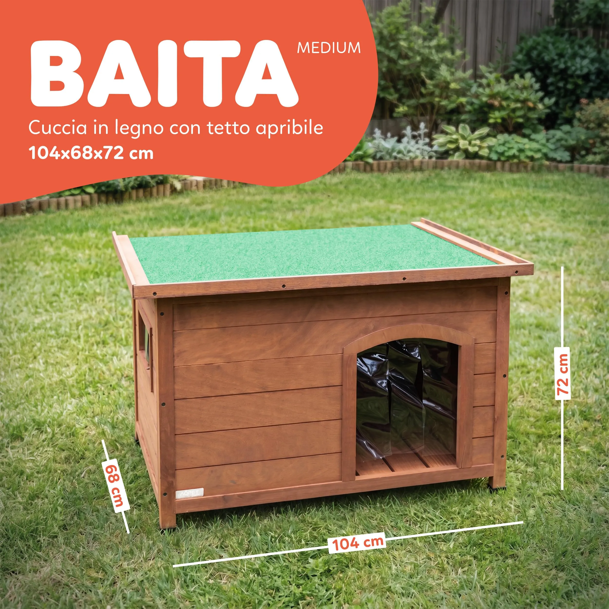 Aqpet Baita Cuccia in Legno da Esterno per Cani con Tetto Apribile e Tende Termiche, Medium 104x68x75 h - immagine 2