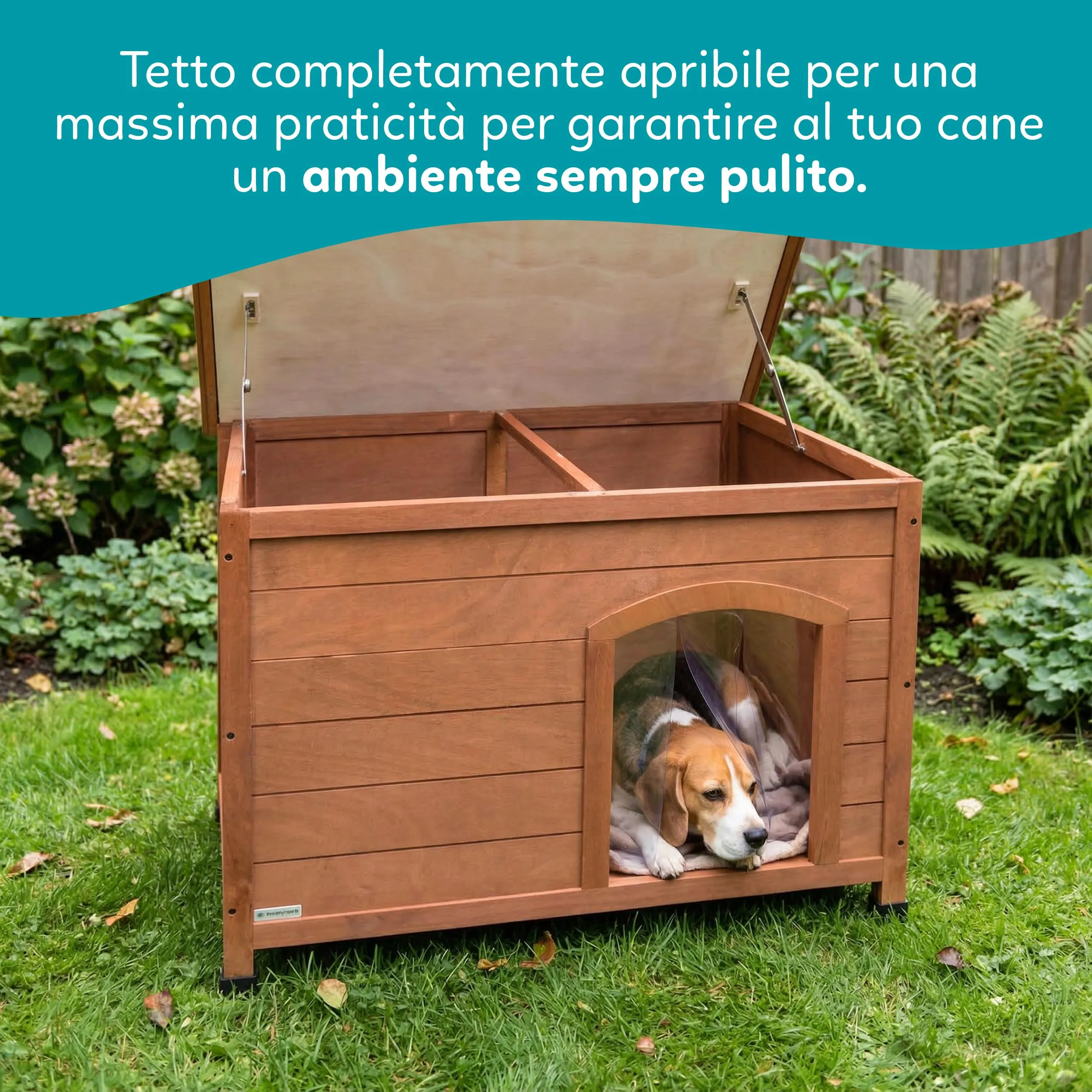 Aqpet Baita Cuccia in Legno da Esterno per Cani con Tetto Apribile e Tende Termiche, Medium 104x68x75 h - immagine 6