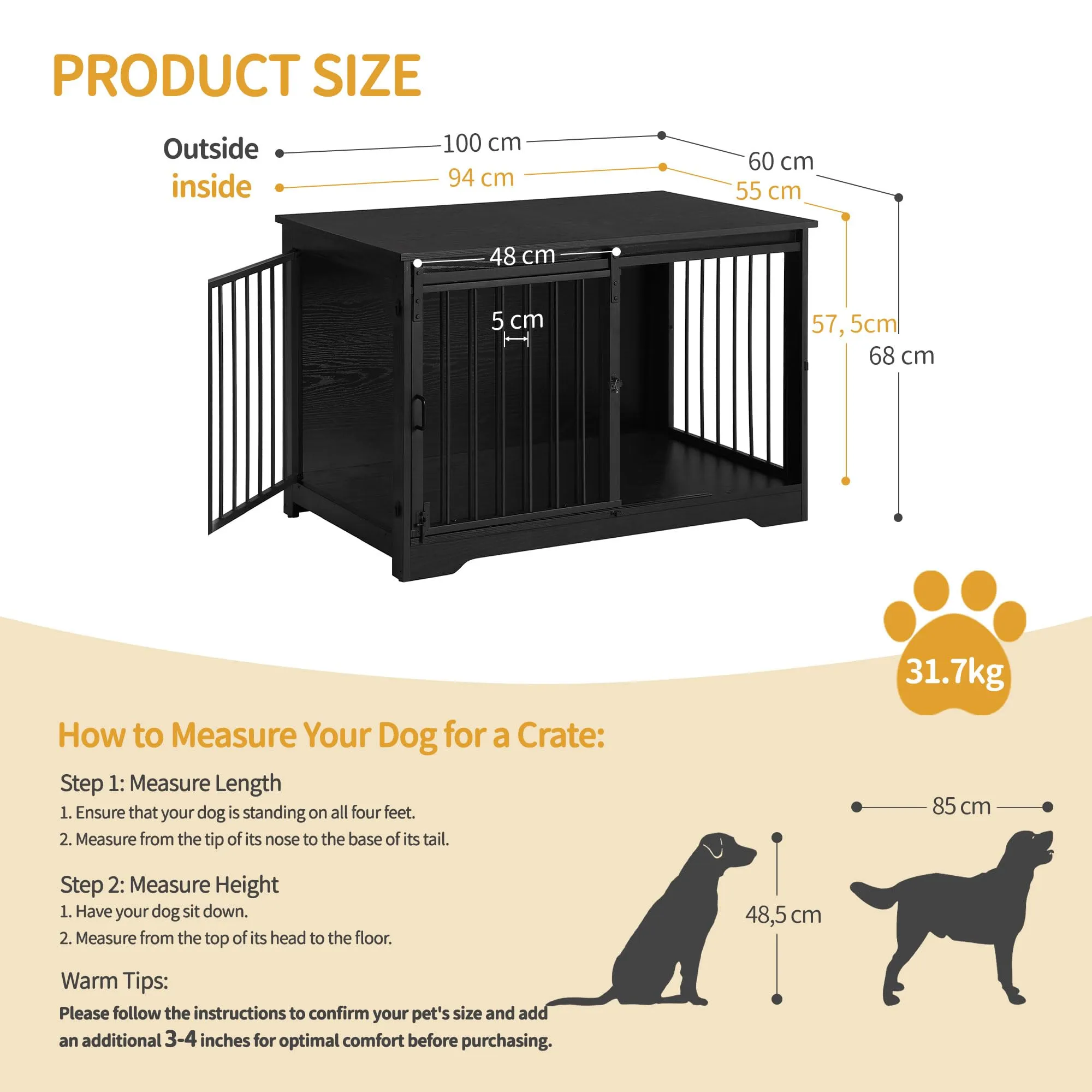 Hzuaneri Gabbia per Cani con Tavolo, Nero, 100 x 60 x 68 cm - immagine 2