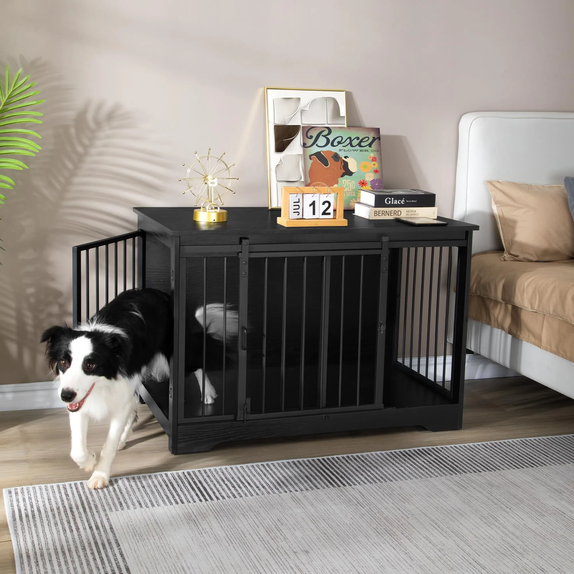 Hzuaneri Gabbia per Cani con Tavolo, Nero, 100 x 60 x 68 cm - immagine 3