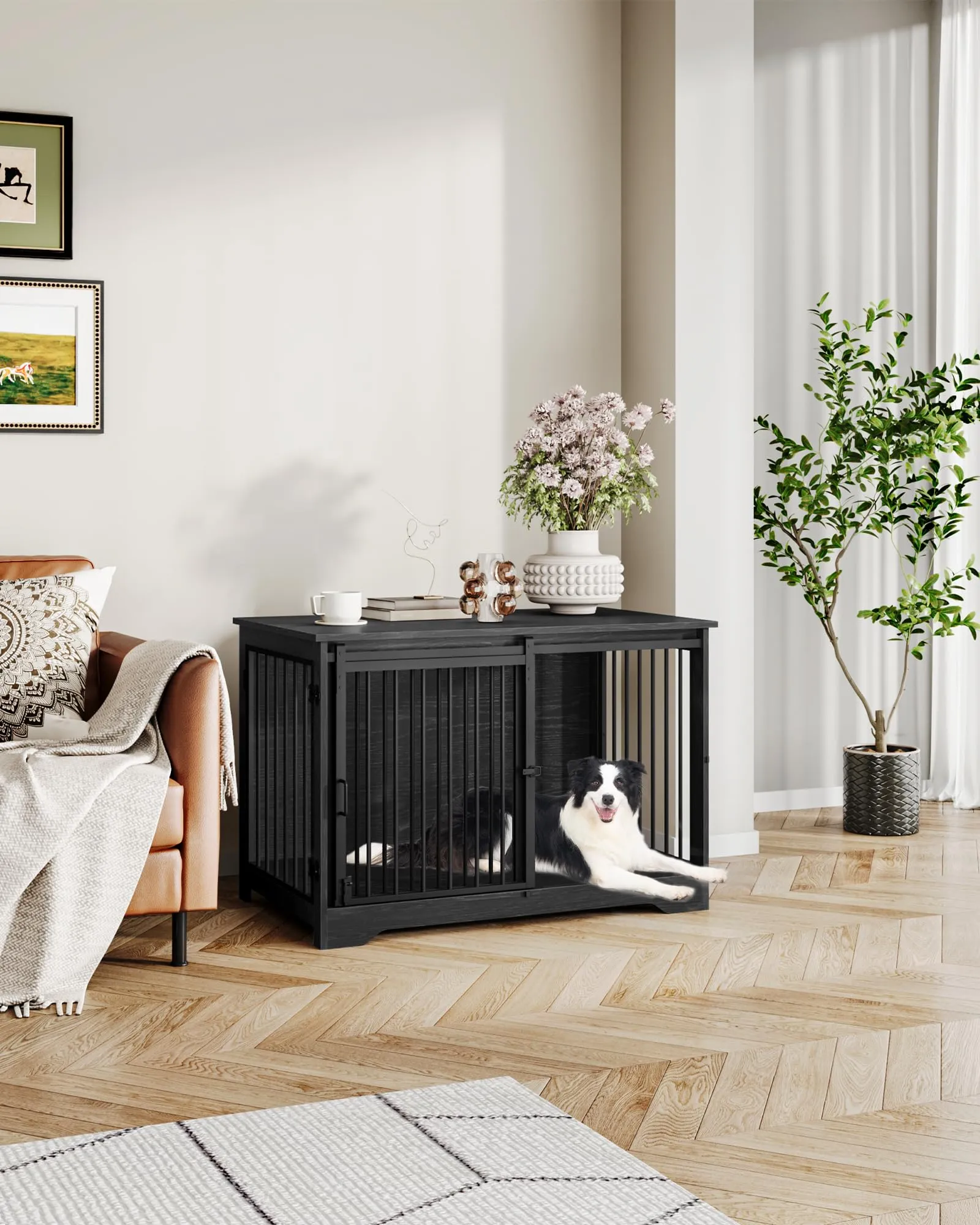 Hzuaneri Gabbia per Cani con Tavolo, Nero, 100 x 60 x 68 cm - immagine 5