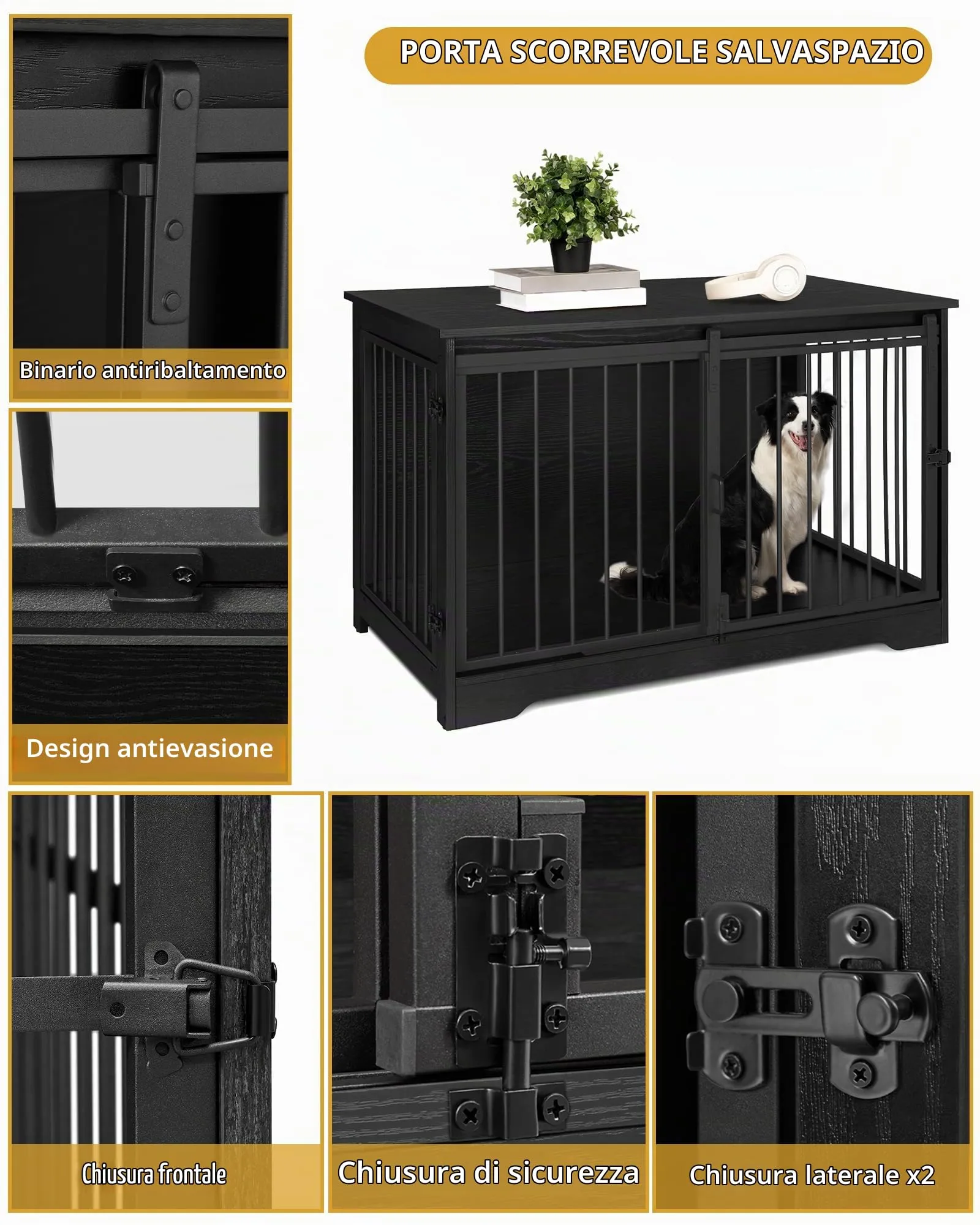 Hzuaneri Gabbia per Cani con Tavolo, Nero, 100 x 60 x 68 cm - immagine 6