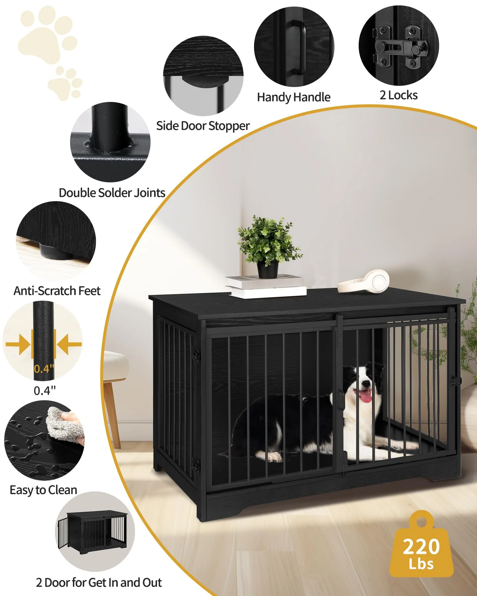Hzuaneri Gabbia per Cani con Tavolo, Nero, 100 x 60 x 68 cm - immagine 9