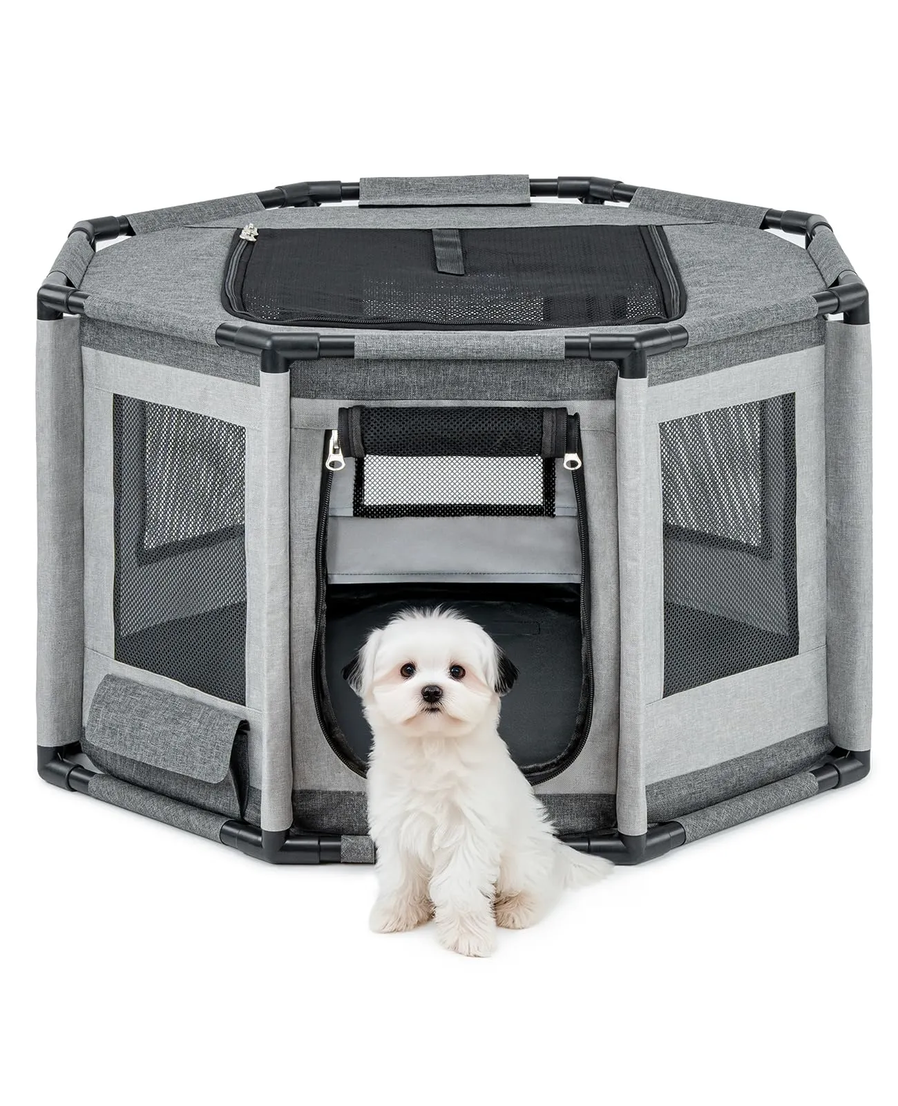 lionto Recinto per cani e gatti in tessuto Oxford e rete, struttura in PVC, ottagonale, 72x72x43 cm, grigio - immagine 1